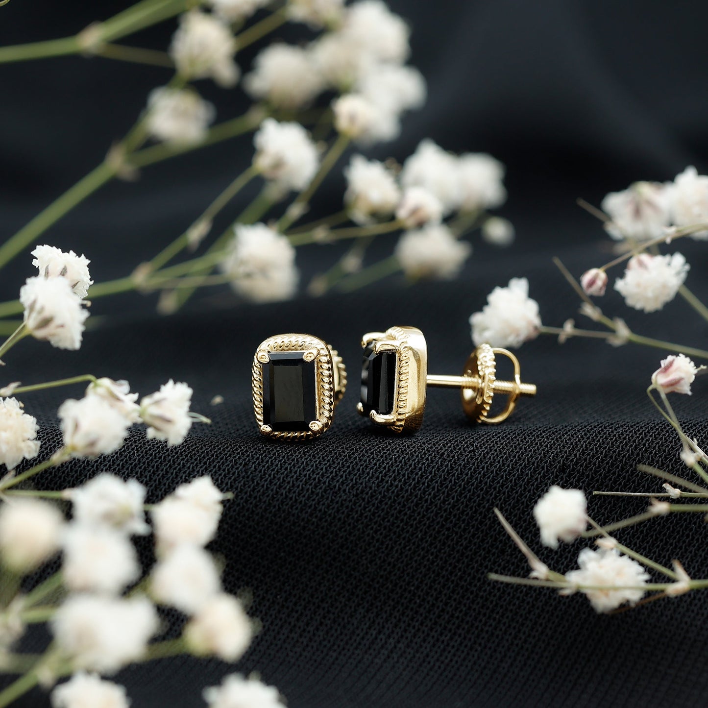 Genuine Black Onyx Emerald Cut Stud Earring with Twisted Rose Frame