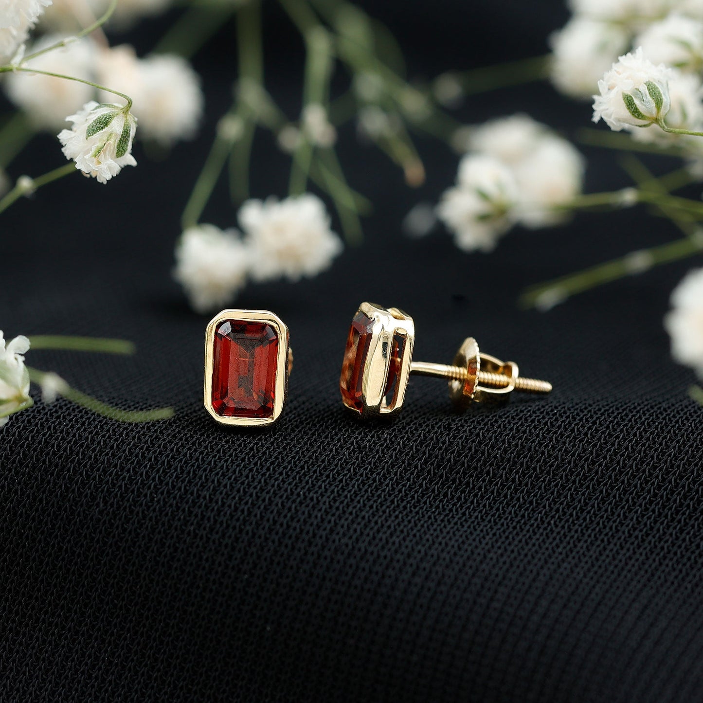 1.4 CT Emerald Cut Garnet Solitaire Stud Earrings in Bezel Setting