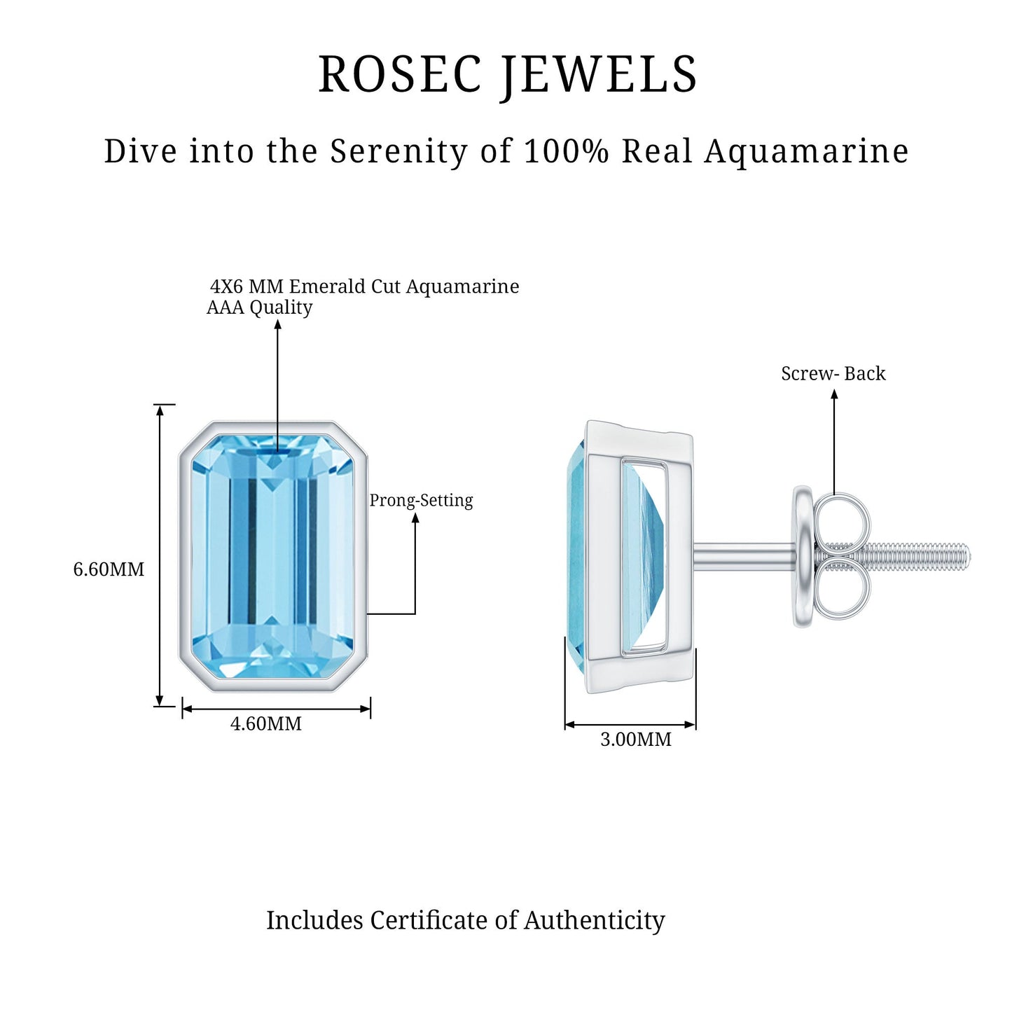 Sterling Silver 1.2 Carat Emerald Cut Aquamarine Stud Earrings
