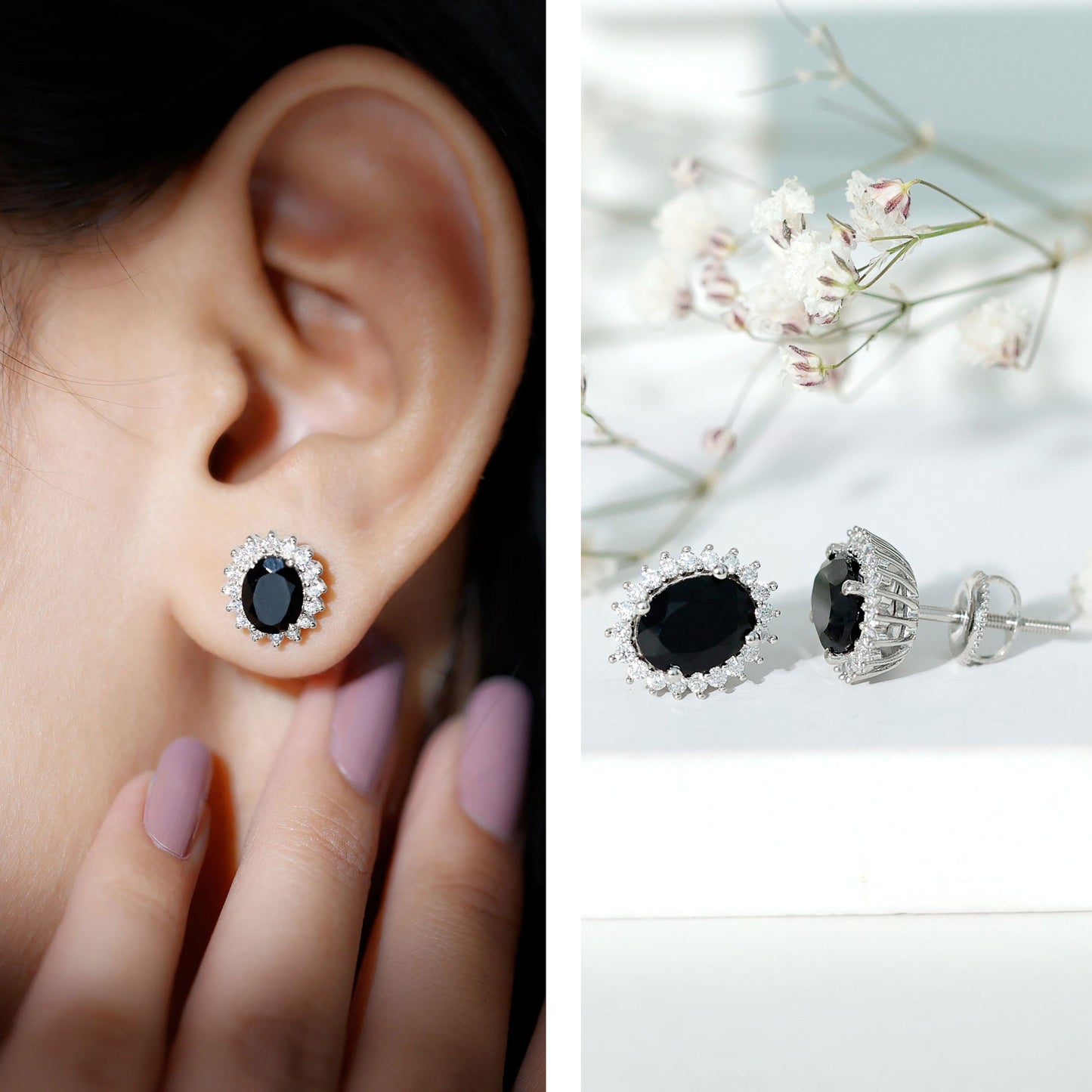 2 Carat Oval Cut Black Onyx Stud Earrings with Moissanite Halo