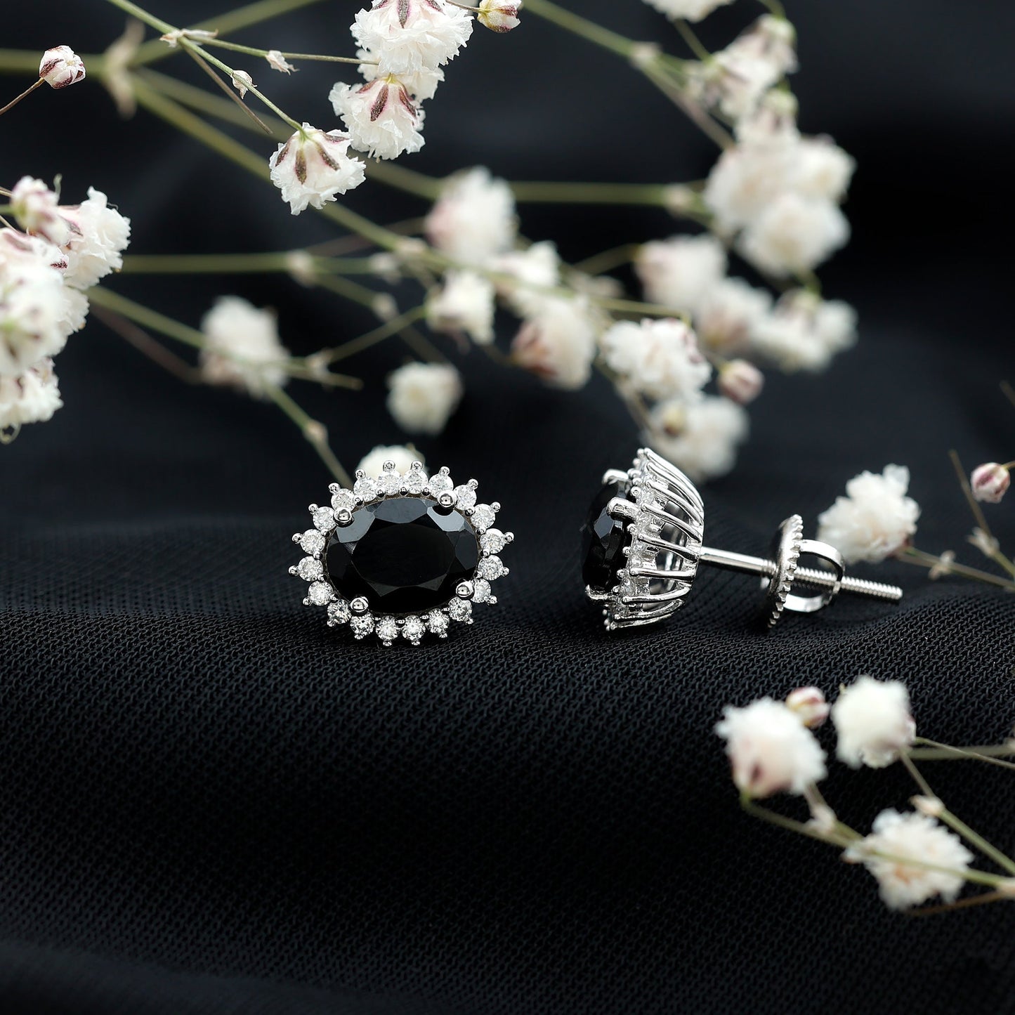 Real 2 Carat Oval Black Onyx Stud Earrings with Moissanite Halo