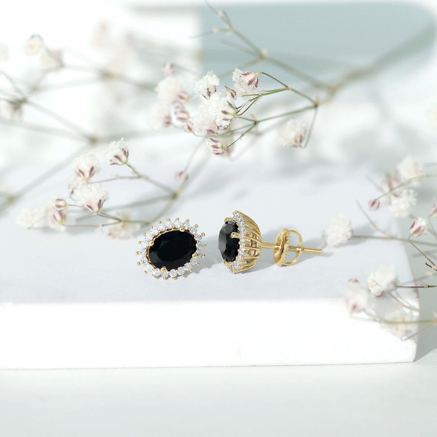 2 Carat Oval Cut Black Onyx Stud Earrings with Moissanite Halo
