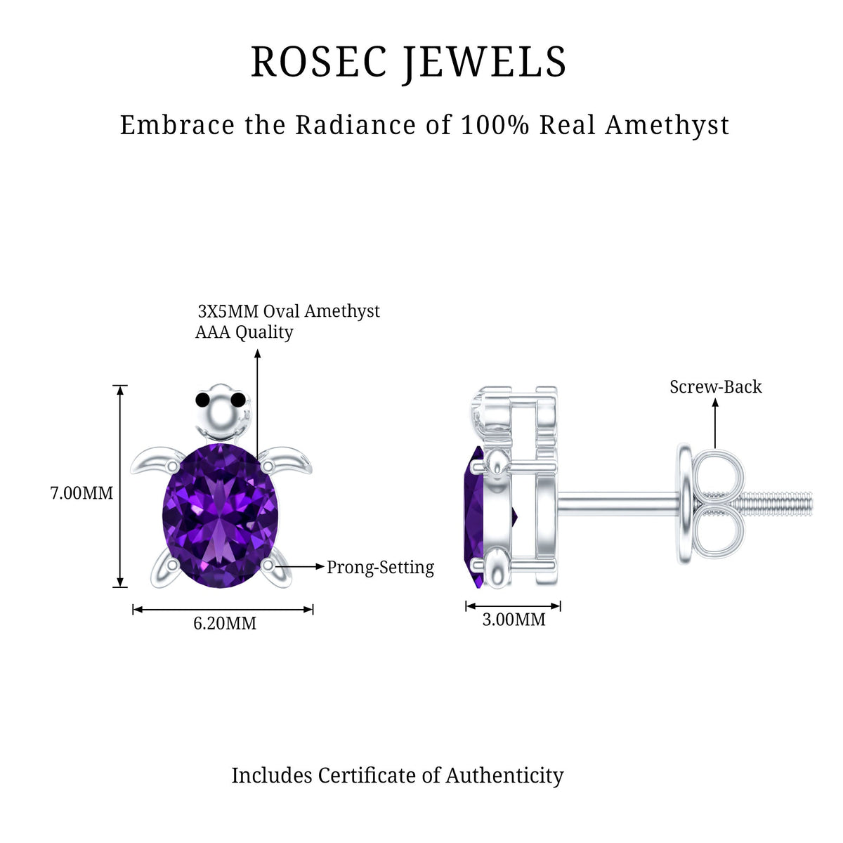 Natural Oval Amethyst Turtle Stud Earrings for Women