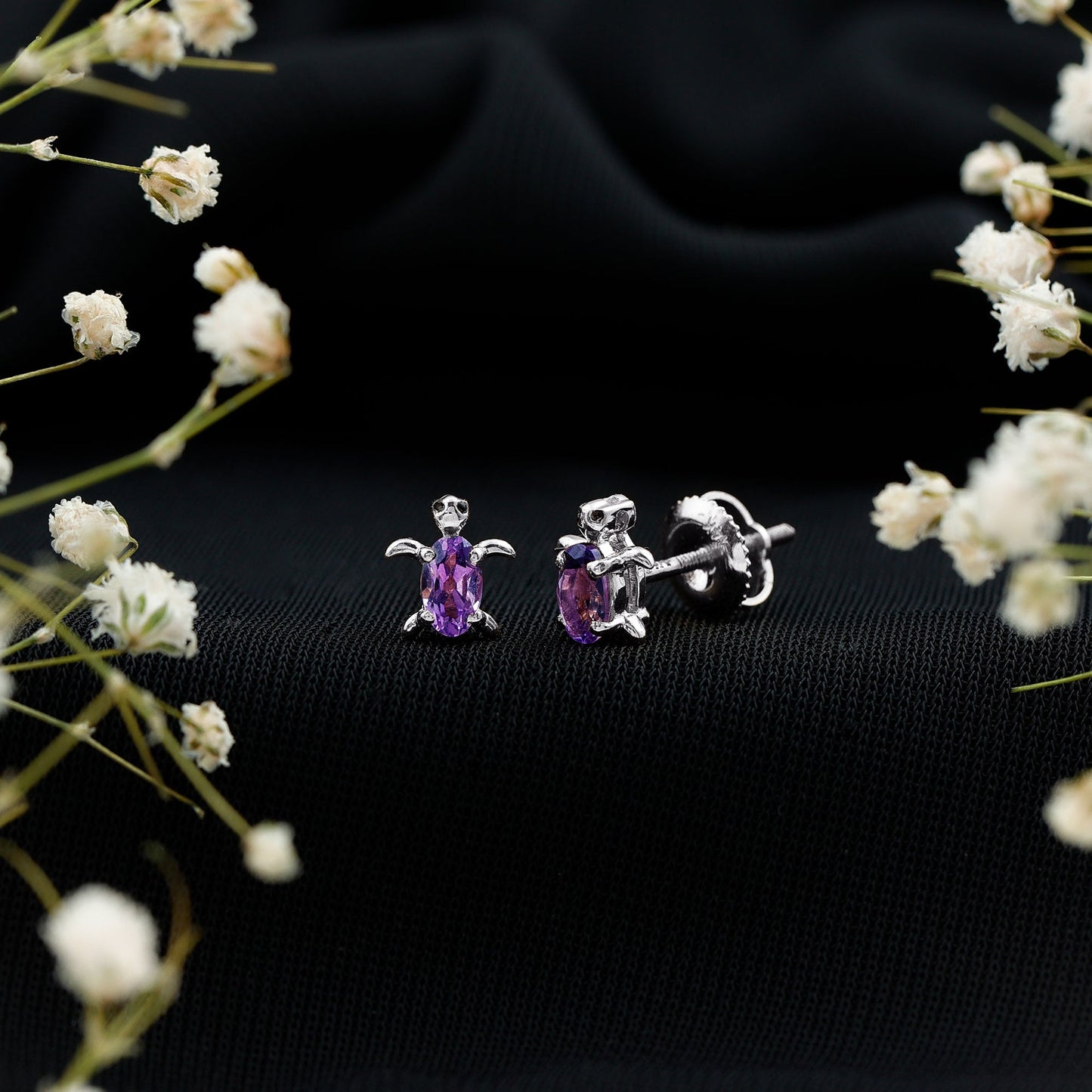 Natural Oval Amethyst Turtle Stud Earrings for Women