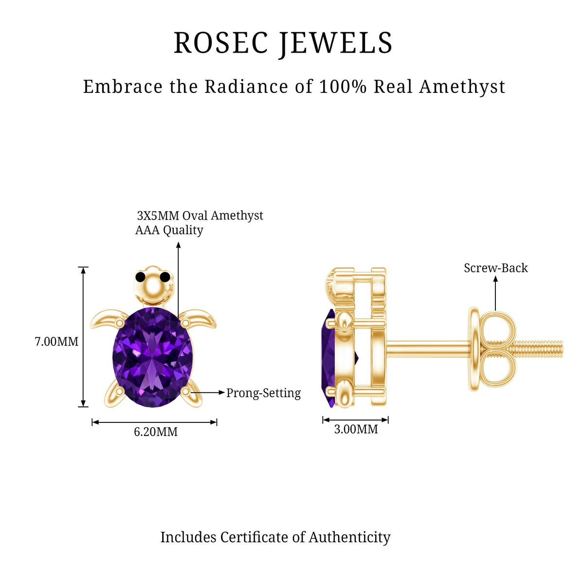 Natural Oval Amethyst Turtle Stud Earrings for Women
