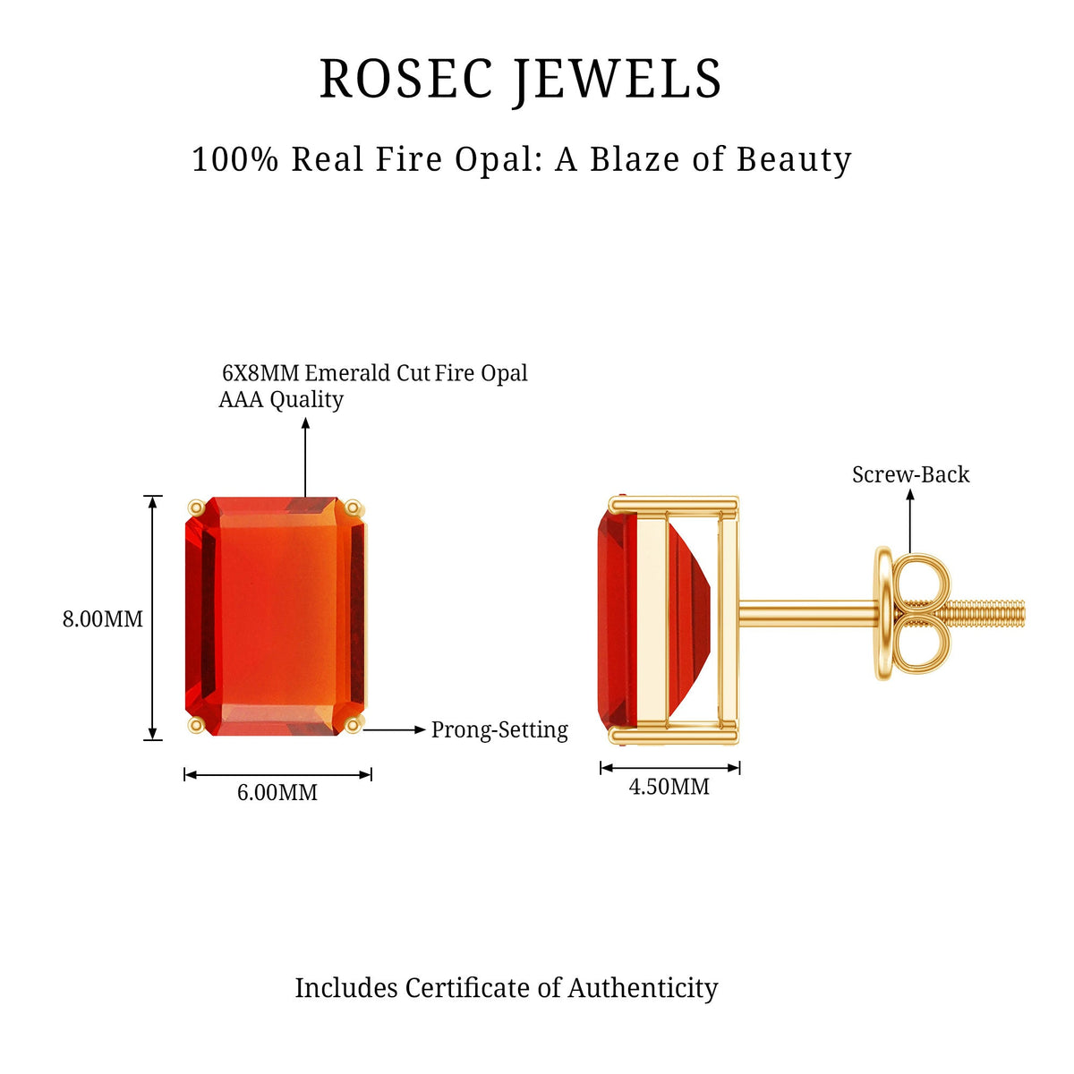 2 CT Emerald Cut Fire Opal Solitaire Stud Earrings for Women