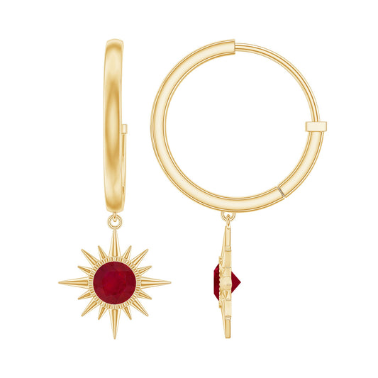 Natural 0.5 Carat Ruby Sunburst Drop Hoop Earrings for Women