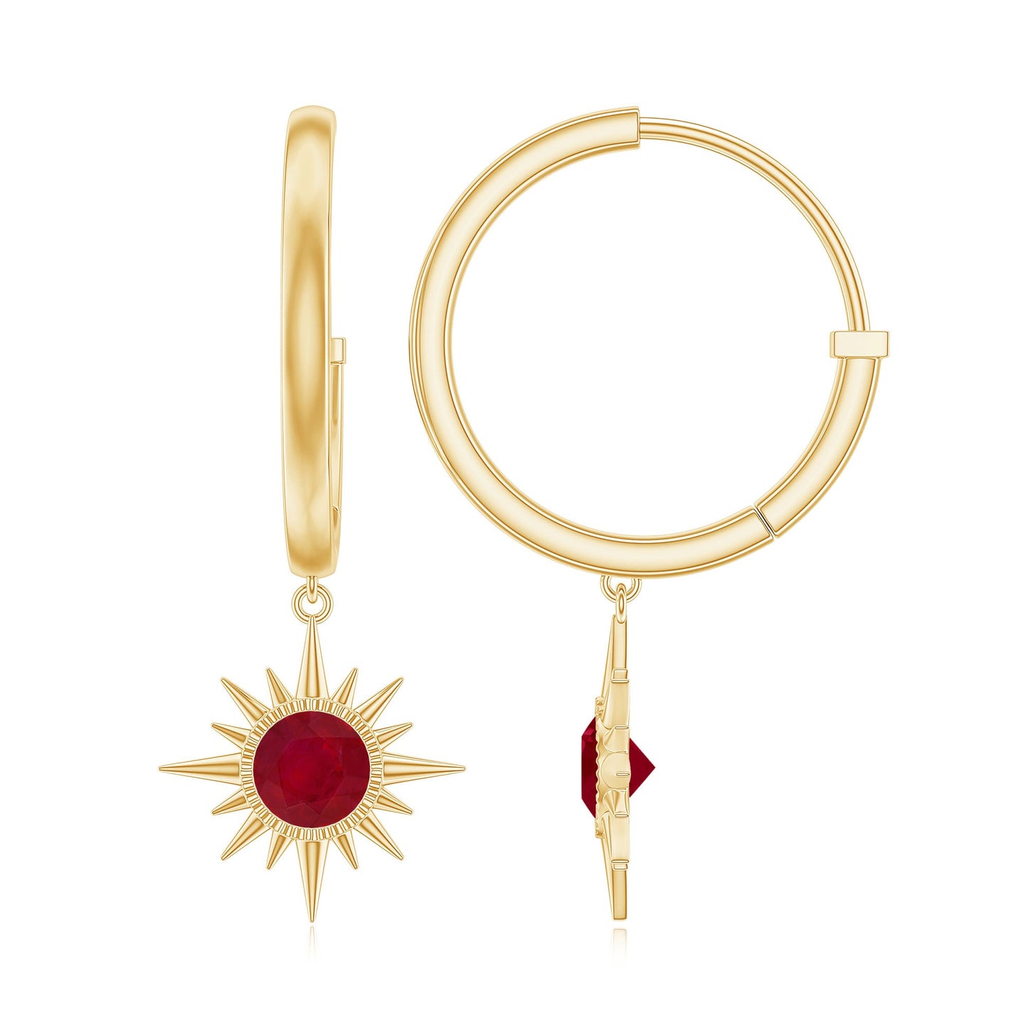 Natural 0.5 Carat Ruby Sunburst Drop Hoop Earrings for Women