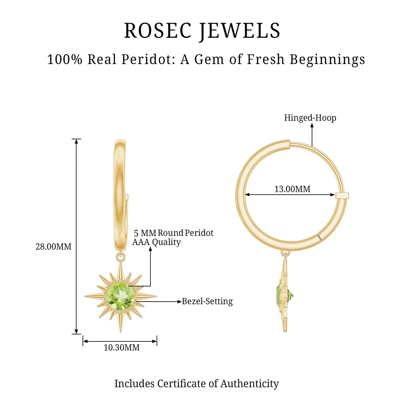 Round Shape 1 Carat Peridot Sunburst Hoop Drop Earrings For Women