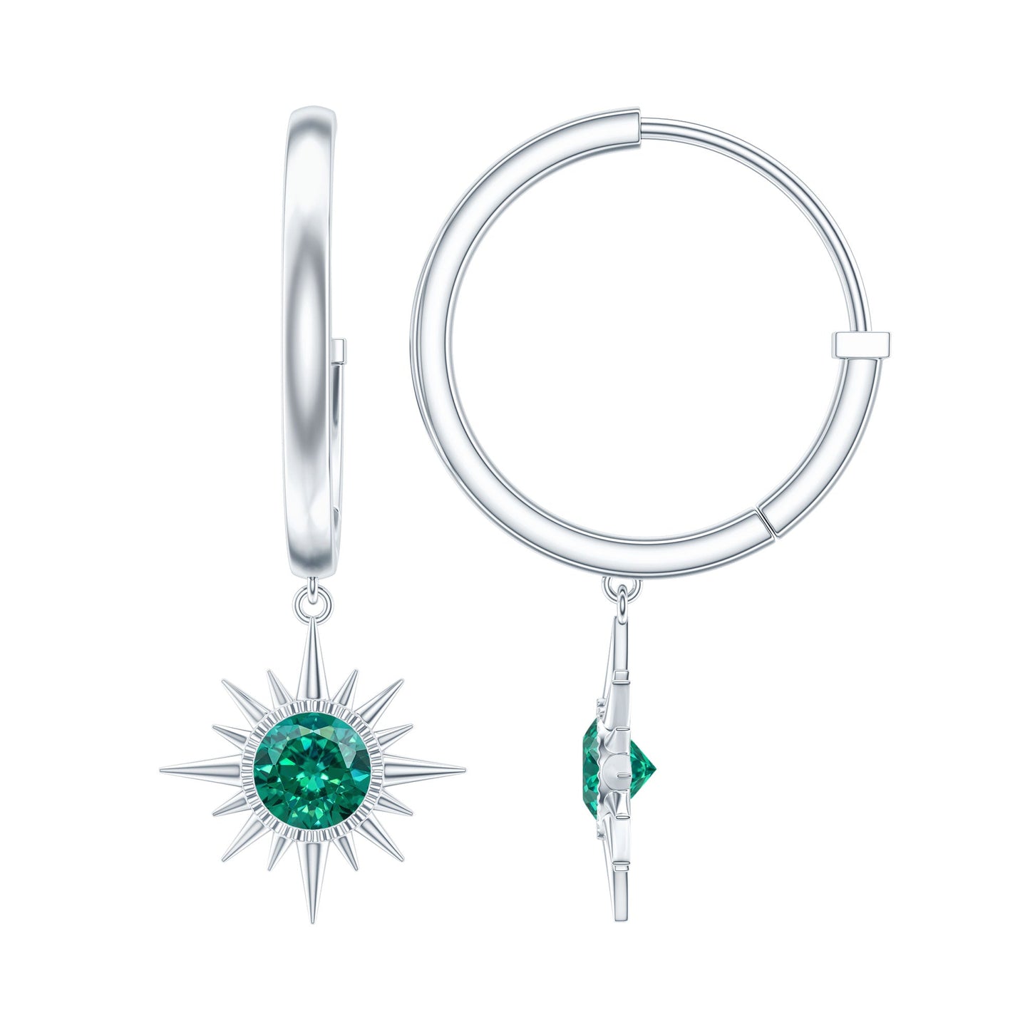 0.5 Carat Round Cut Lab Created Emerald Sunburst Hoop Earrings