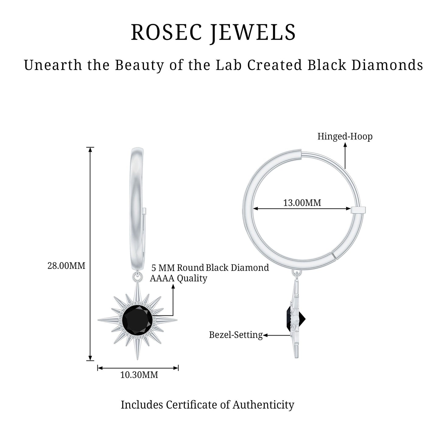 Lab Created Black Diamond Sunburst Hoop Earrings in Bezel Setting