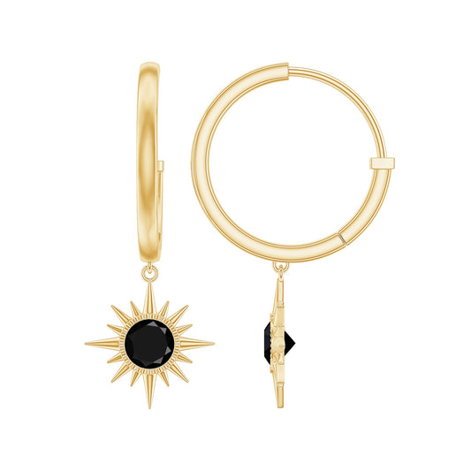 Natural Black Onyx Sunburst Hoop Drop Earrings