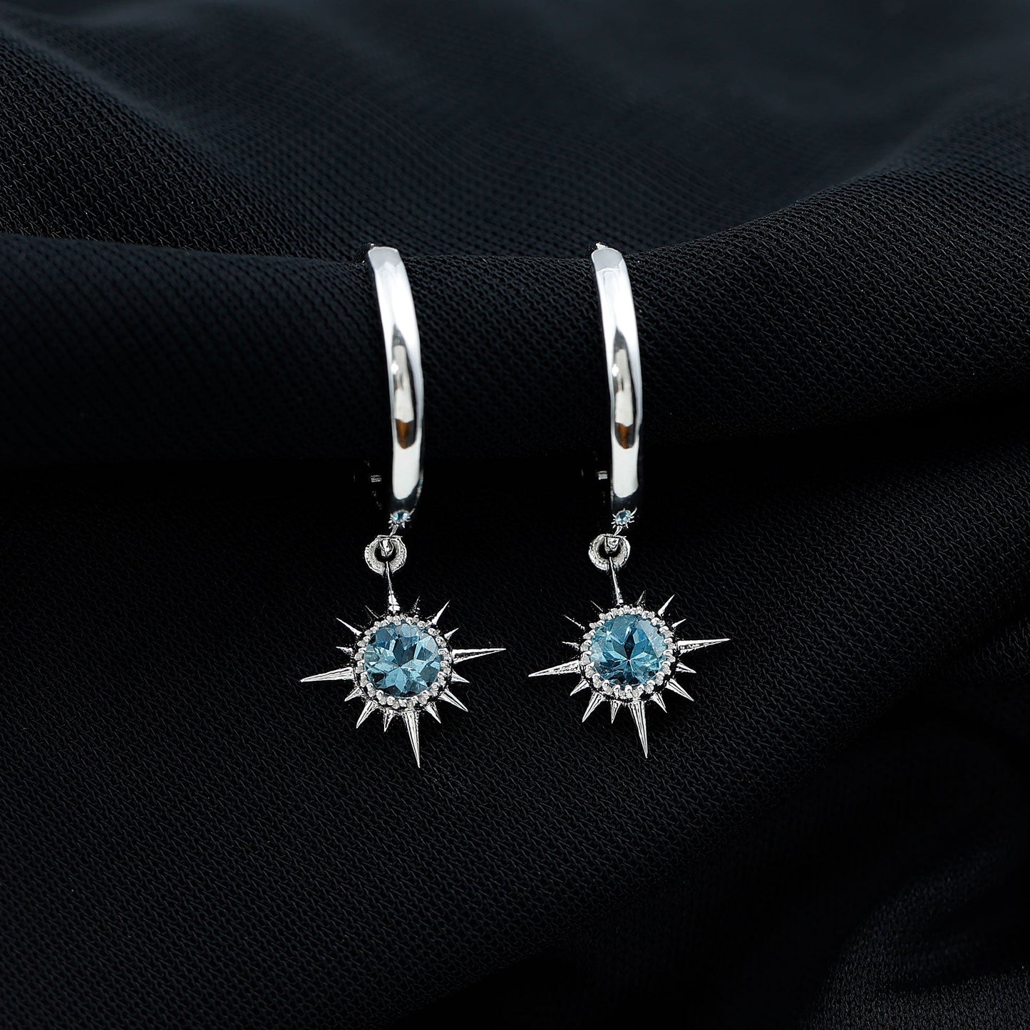 0.5 Carat Aquamarine Sunburst Hoop Earrings For Women