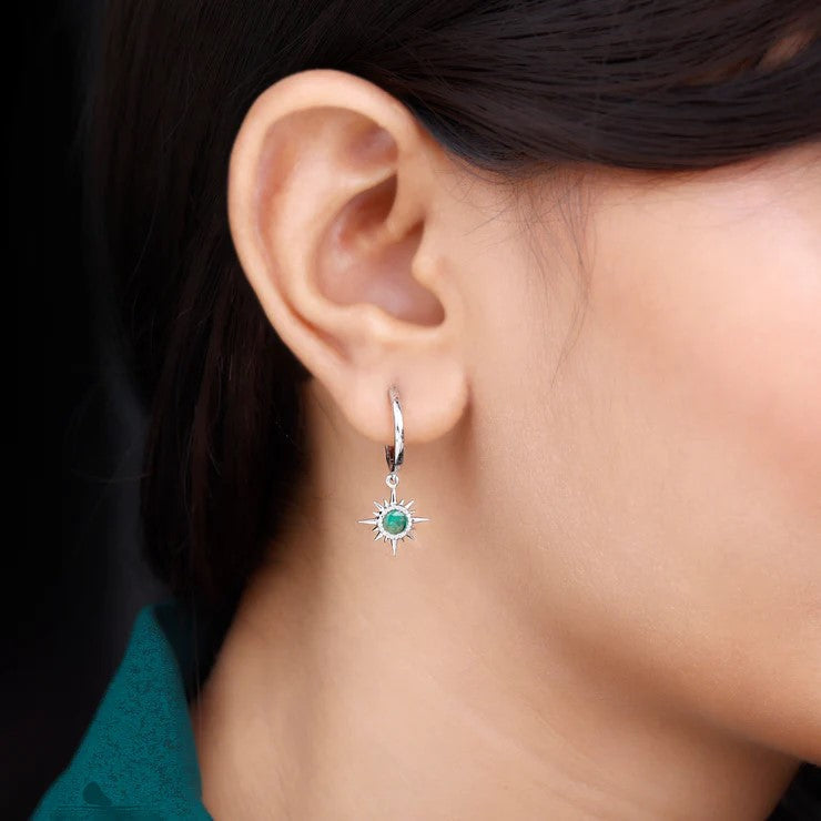 Real Emerald Sunburst Hoop Drop Earrings with Certificate