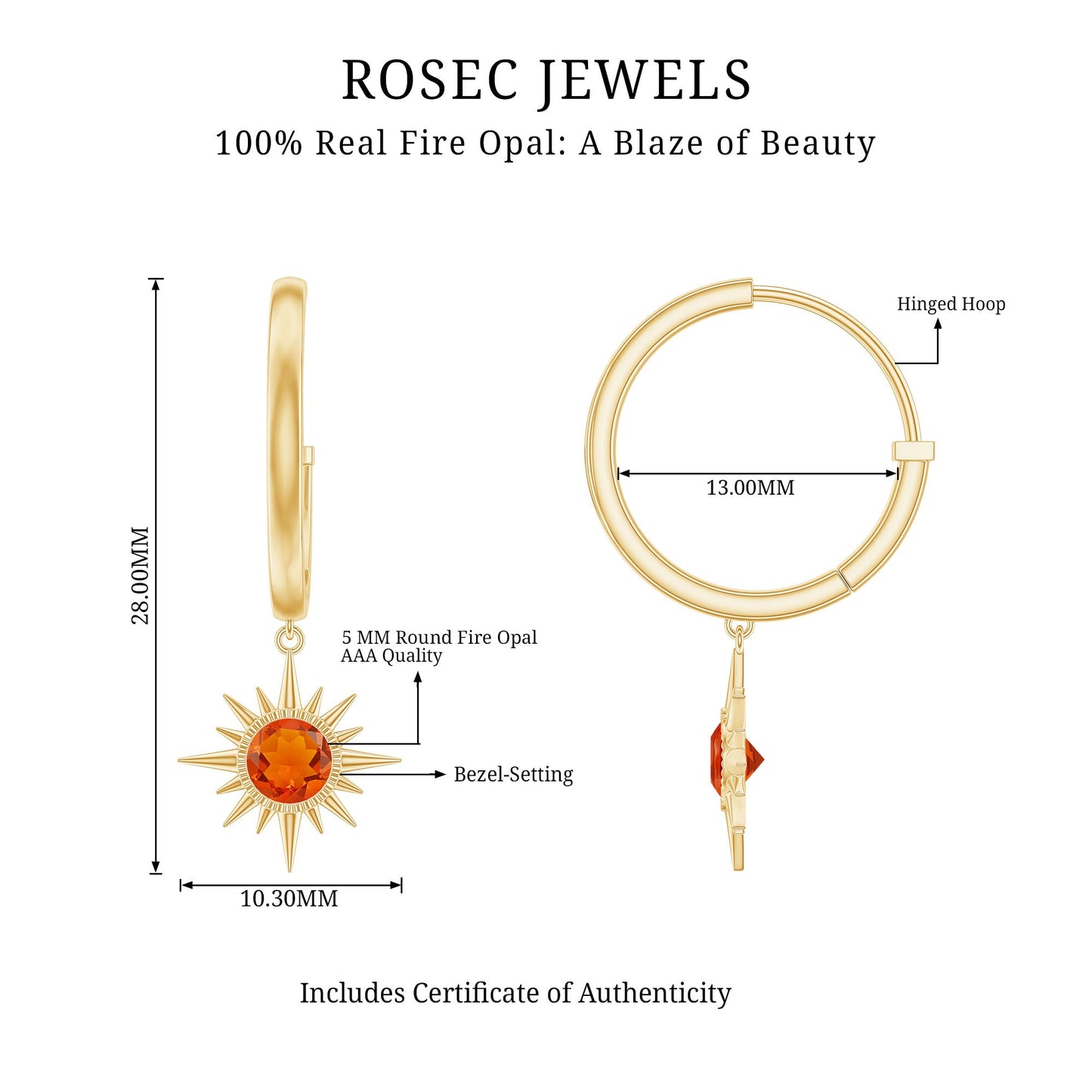 Certified Real Fire Opal Sunburst Drop Hoop Earrings