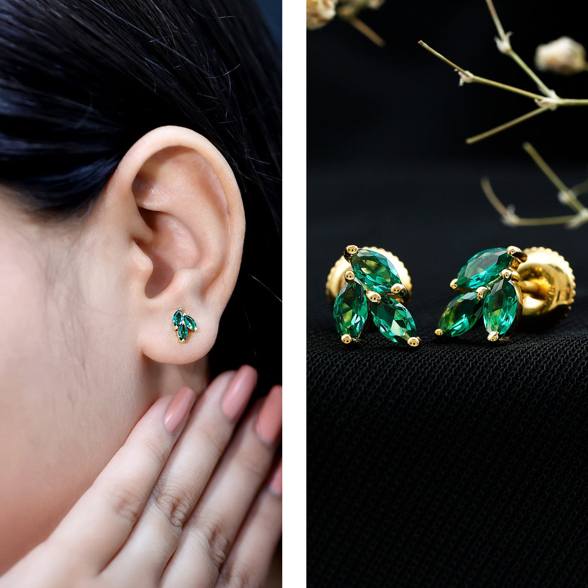 Nature Inspired Lab Created Emerald Stud Earrings in Silver
