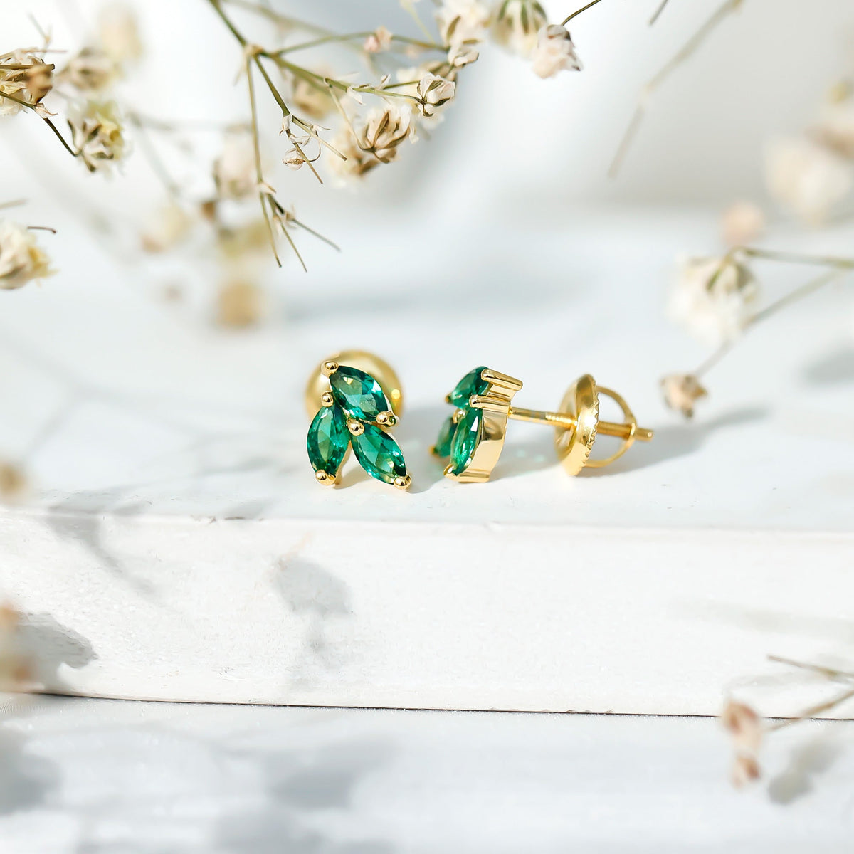 Nature Inspired Lab Created Emerald Stud Earrings in Silver