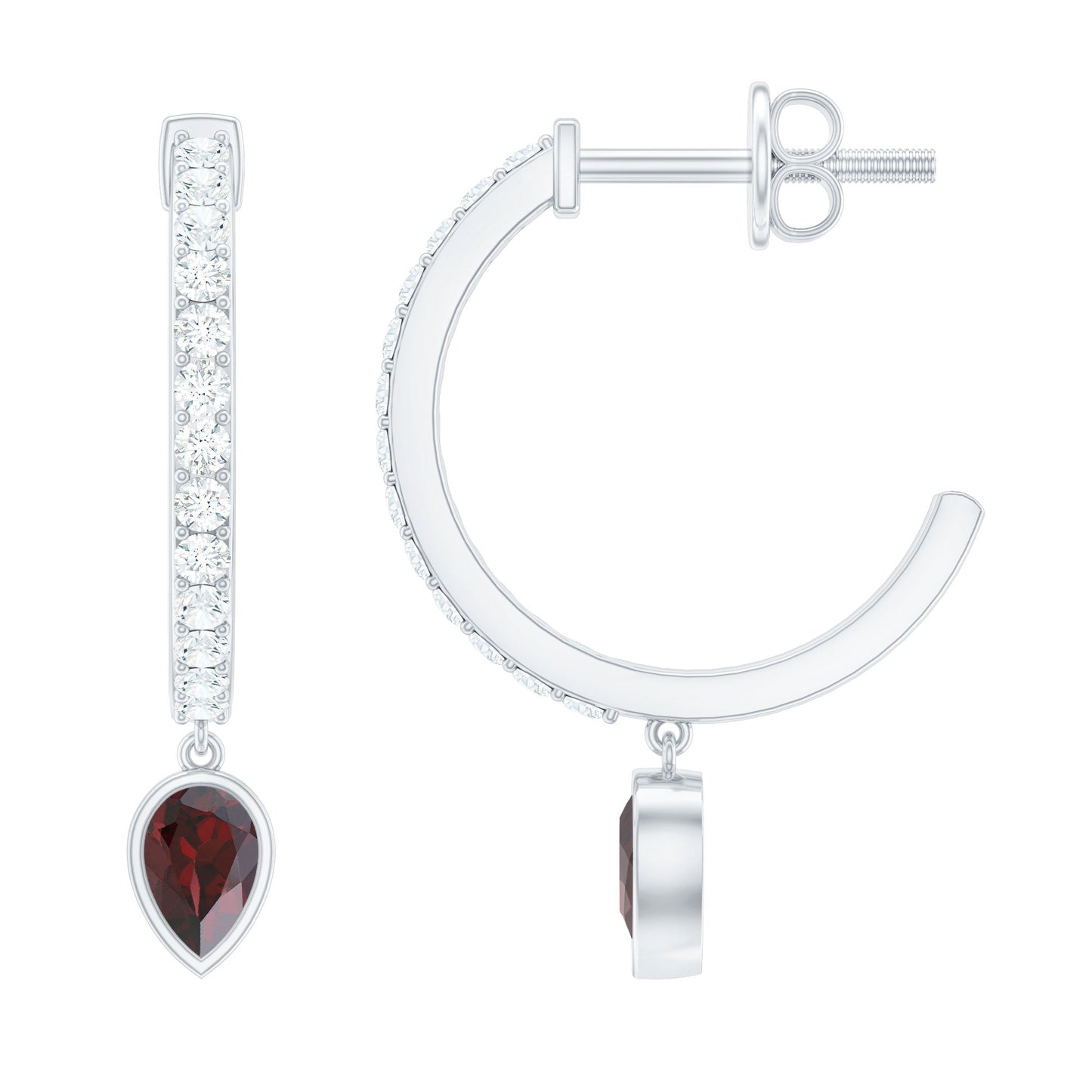 Genuine Garnet Teardrop Hoop Earrings with Diamonds