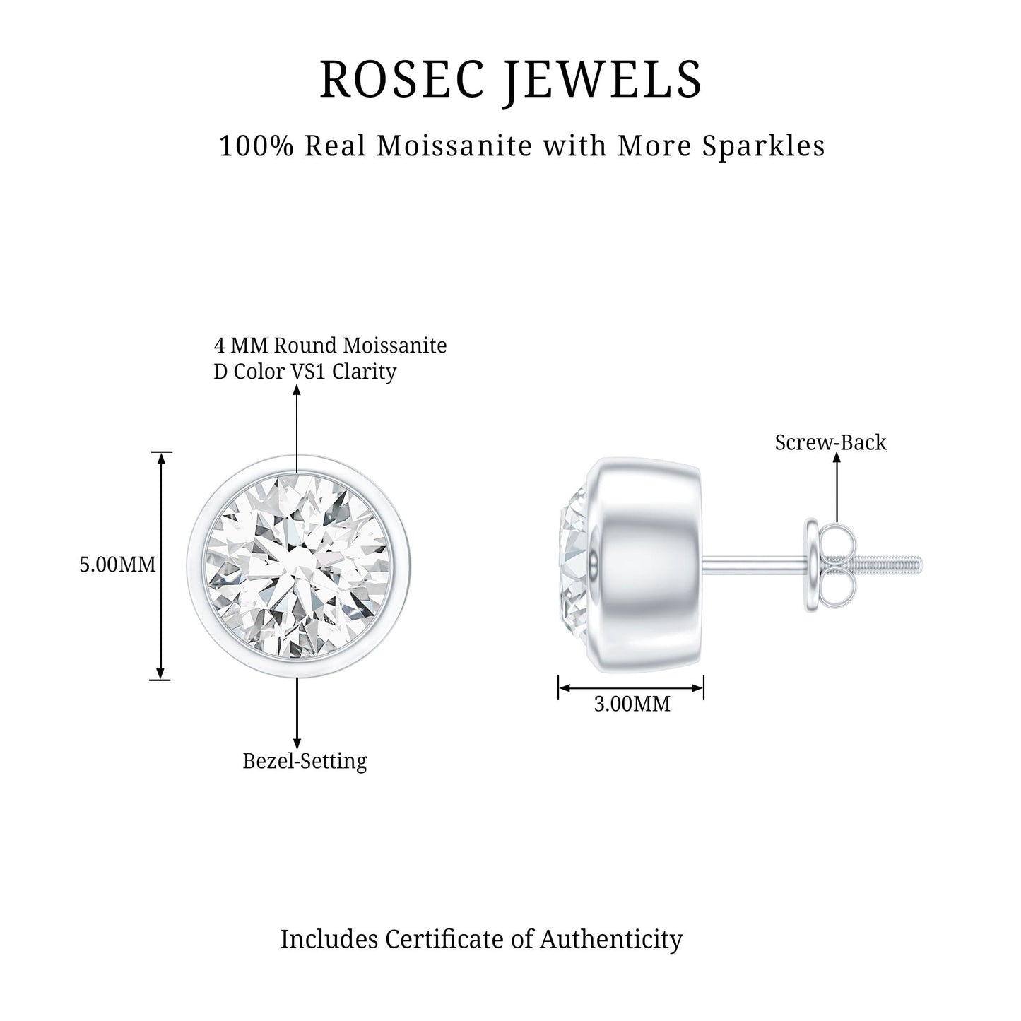 Certified Moissanite Solitaire Stud Earrings in Bezel Setting
