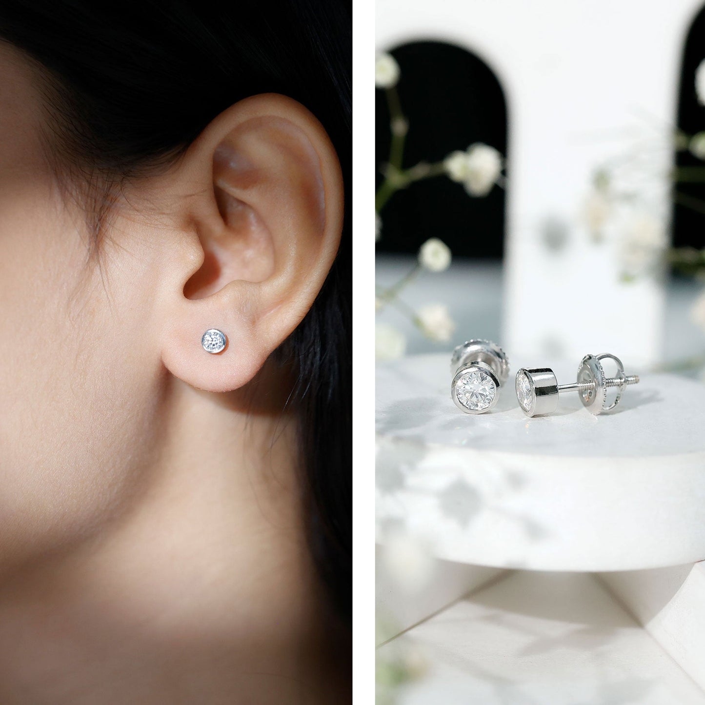 Certified 0.6 Carat Moissanite Stud Earrings in Bezel Setting