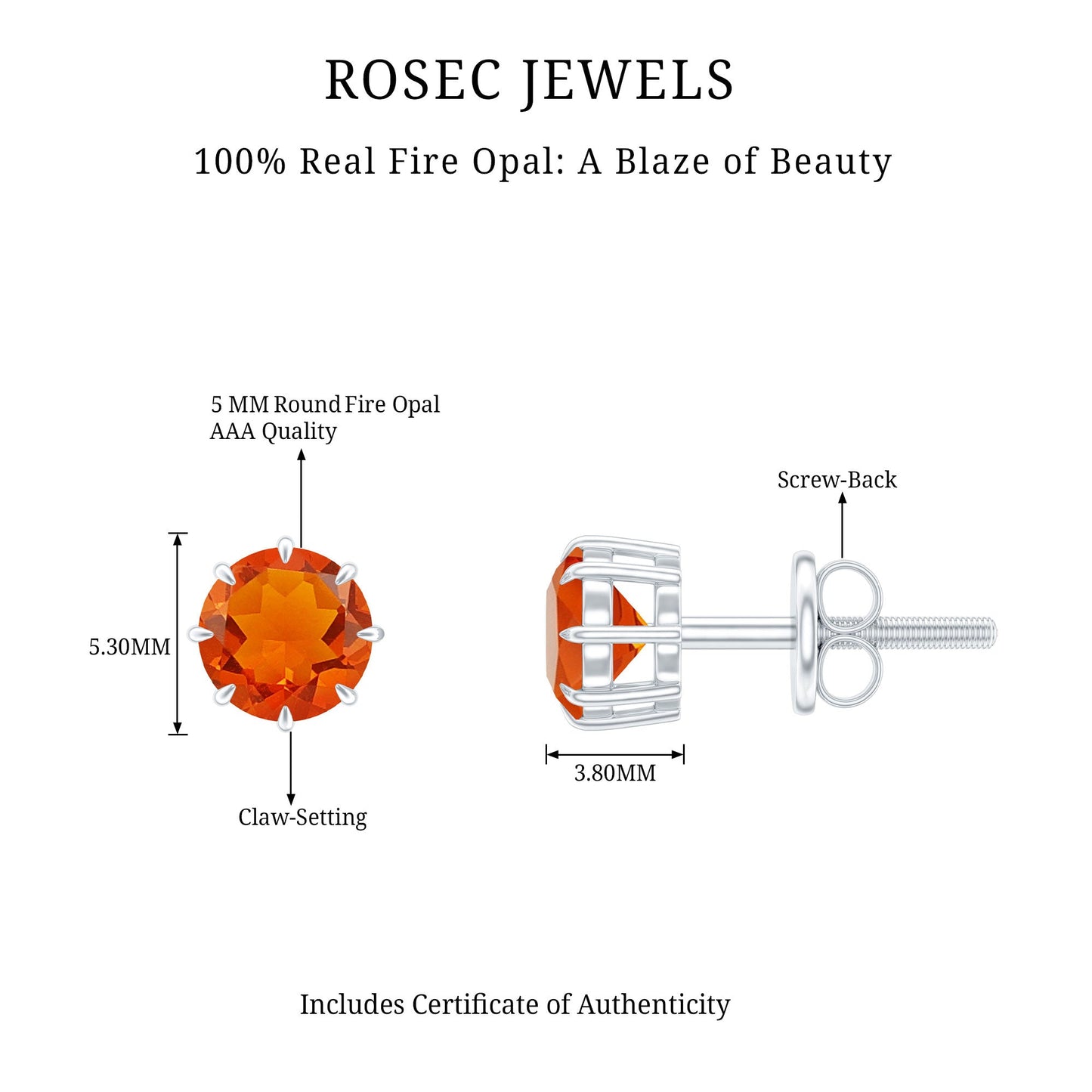 Natural Fire Opal Solitaire Stud Earrings for Women