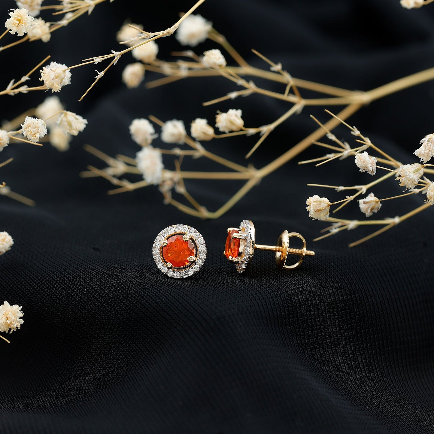 Natural Orange Fire Opal Stud Earrings With Diamonds