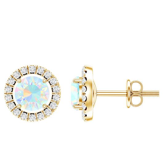 Round Ethiopian Opal and Diamond Halo Stud Earrings