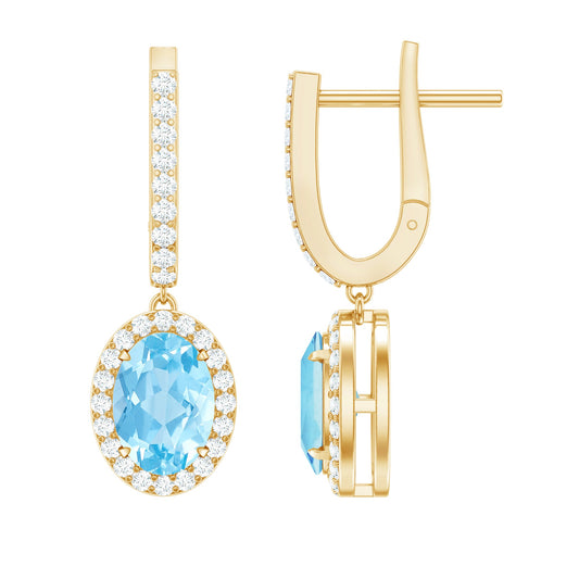 Natural 2.2 Carat Oval Aquamarine Drop Earrings with Diamond Halo