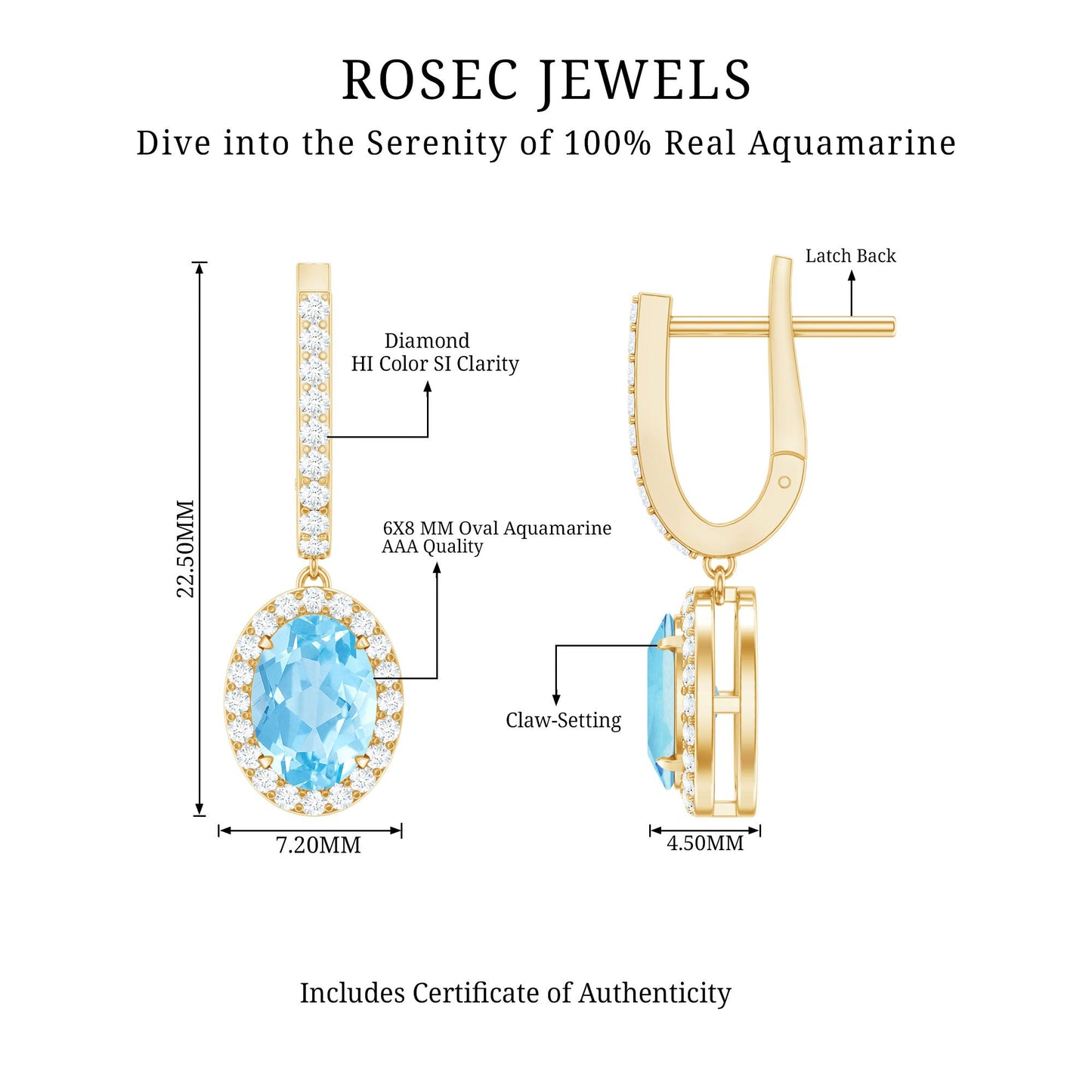 Natural 2.2 Carat Oval Aquamarine Drop Earrings with Diamond Halo