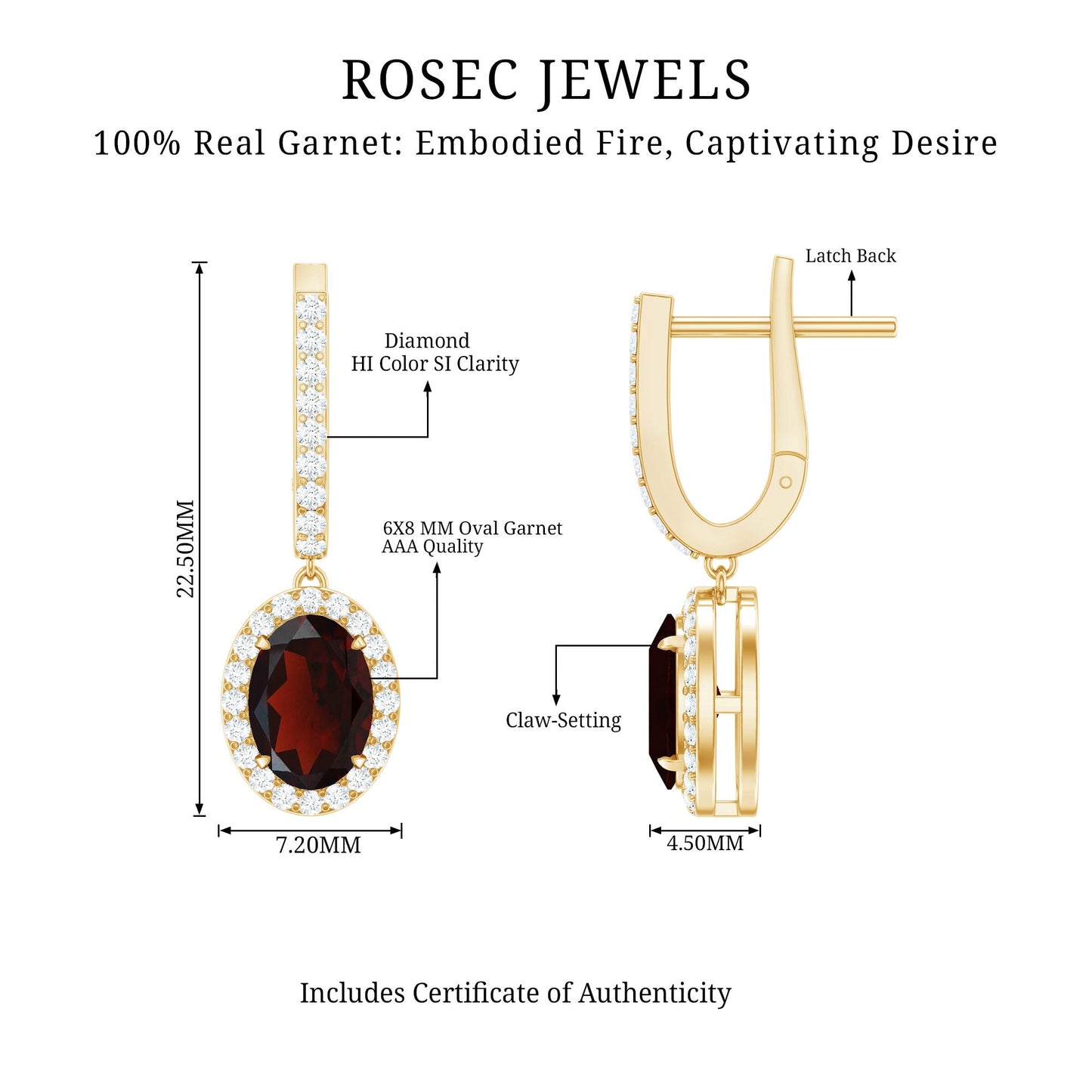 Oval Garnet and Diamond Hoop Drop Earrings with Latch Back