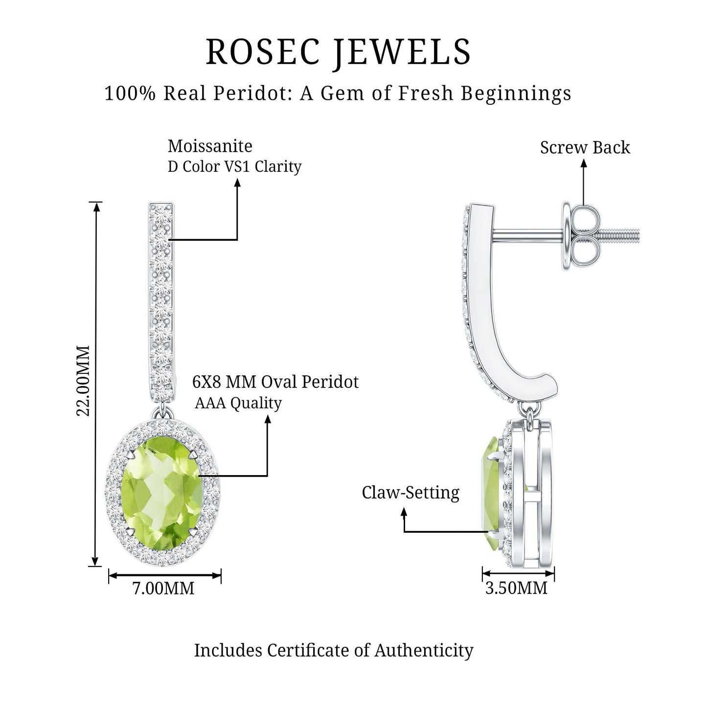 2.2 Carat Claw Set Peridot and Moissanite Drop Hoop Earrings