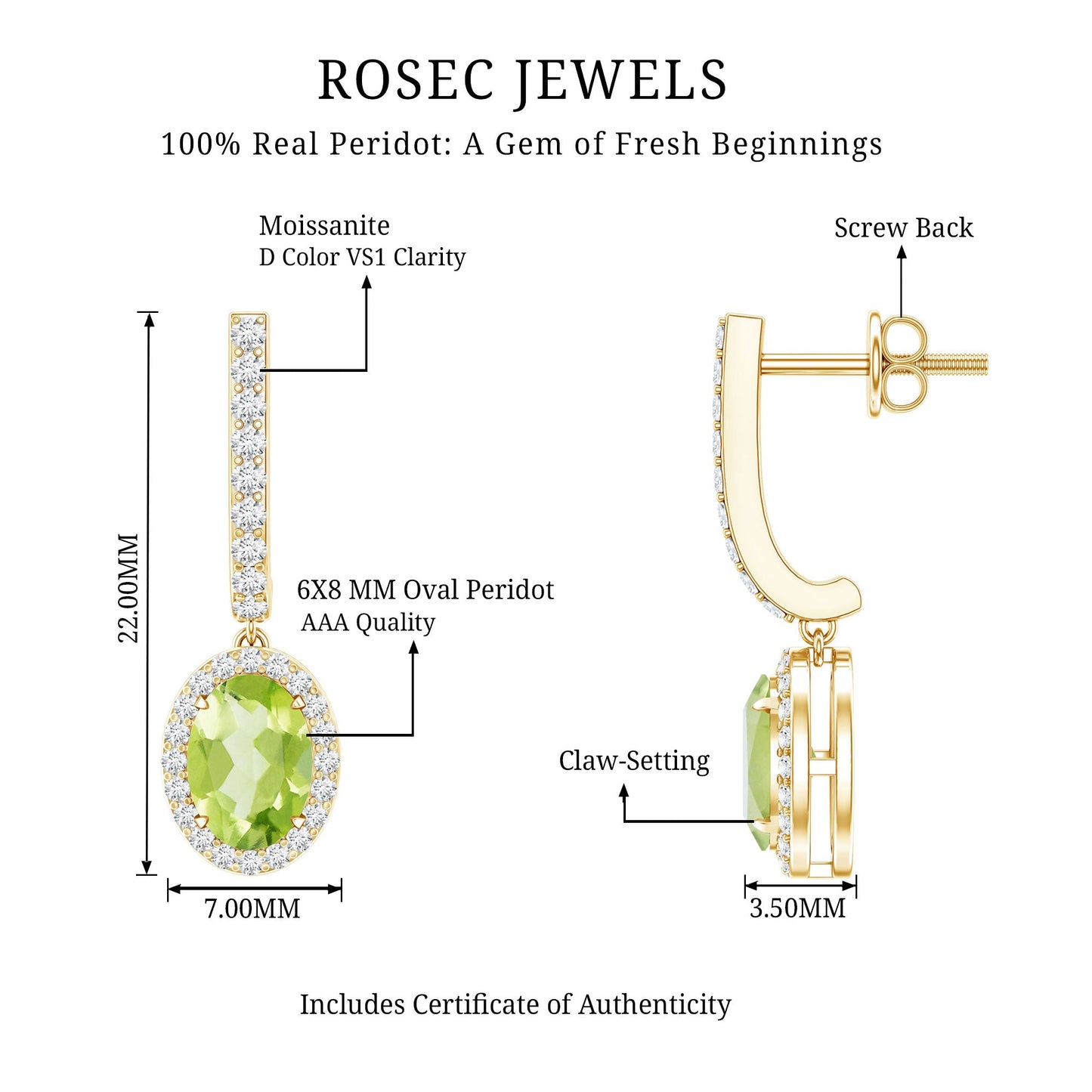 2.2 Carat Claw Set Peridot and Moissanite Drop Hoop Earrings