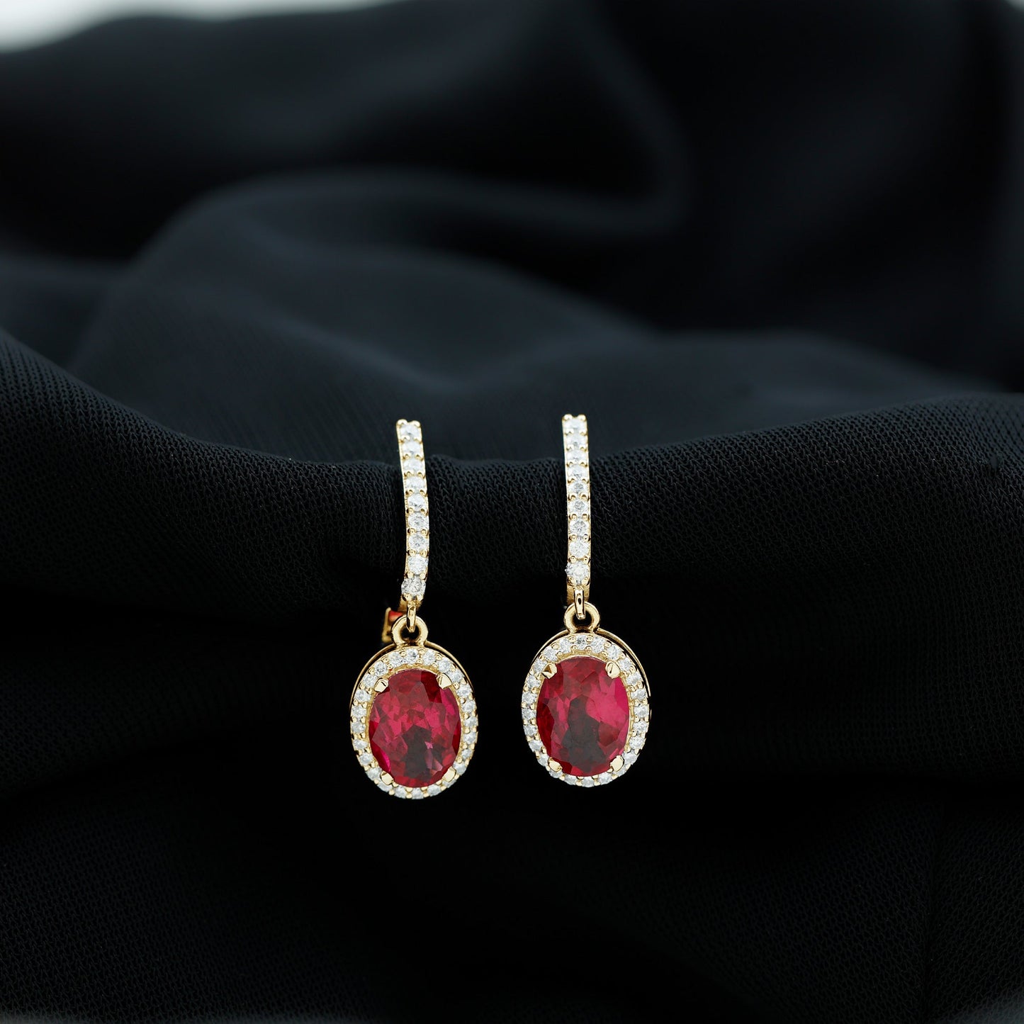 3 Carat Oval Lab Created Ruby Bridal Hoop Earrings with Diamond Halo