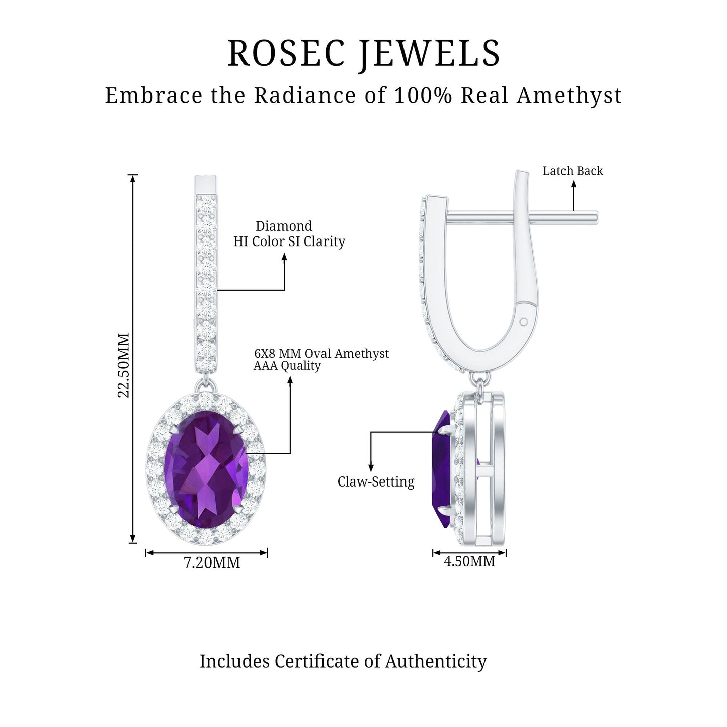 Natural Oval Amethyst Hoop Drop Earrings with Diamond Halo