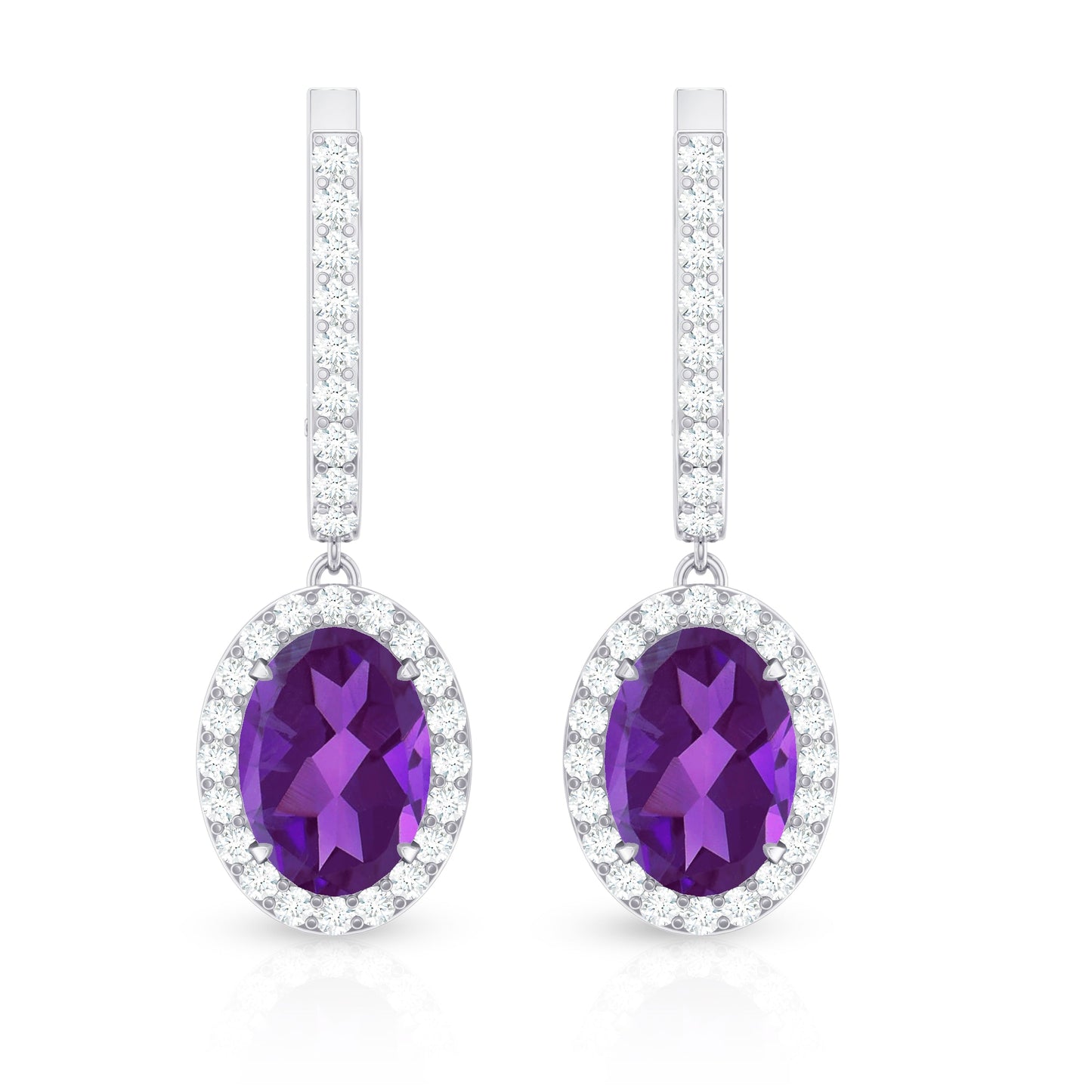 Natural Oval Amethyst Hoop Drop Earrings with Diamond Halo