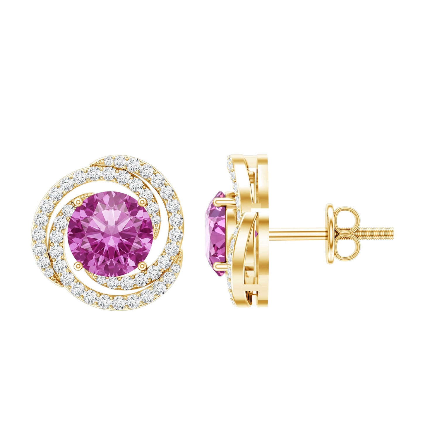 2 Carat Lab Created Pink Sapphire and Diamond Swirl Stud Earrings