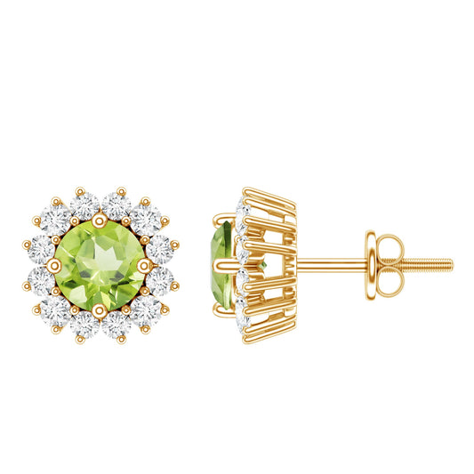 Natural 1 Carat Peridot Earrings with Diamond Halo for Women