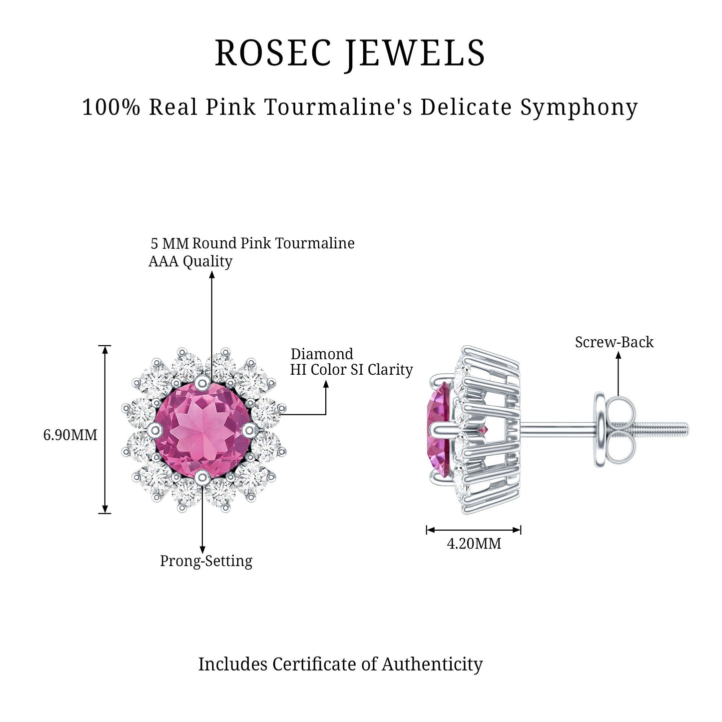 Genuine Pink Tourmaline and Diamond Halo Stud Earrings