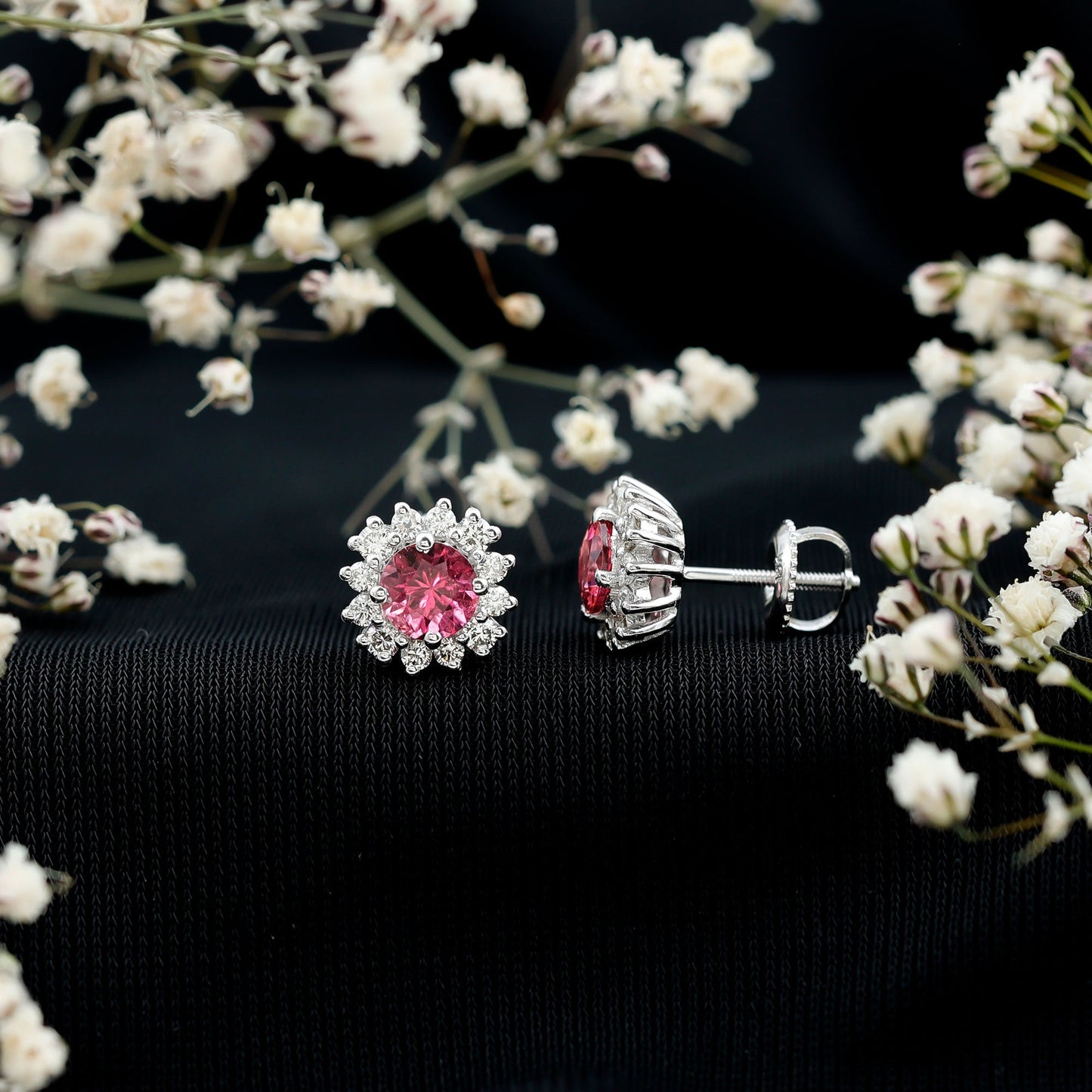 Genuine Pink Tourmaline and Diamond Halo Stud Earrings
