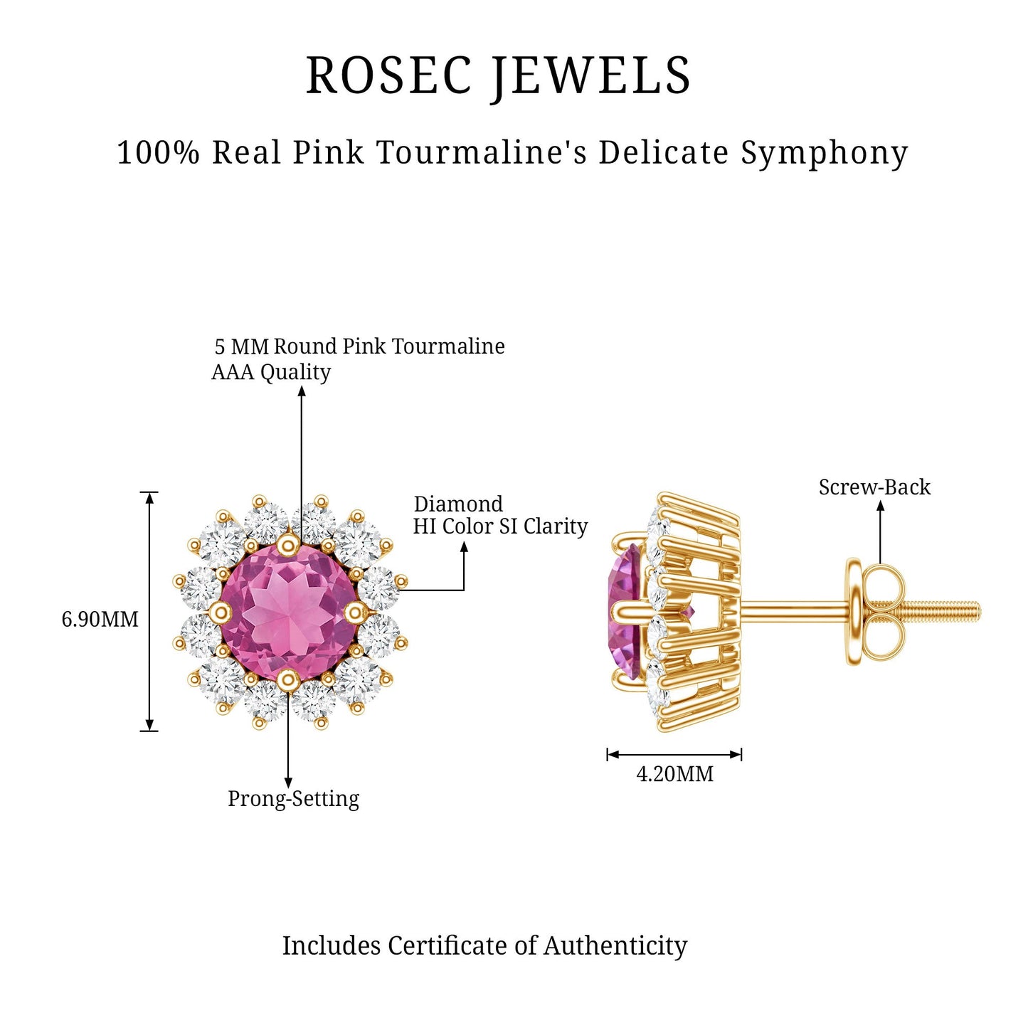 Genuine Pink Tourmaline and Diamond Halo Stud Earrings