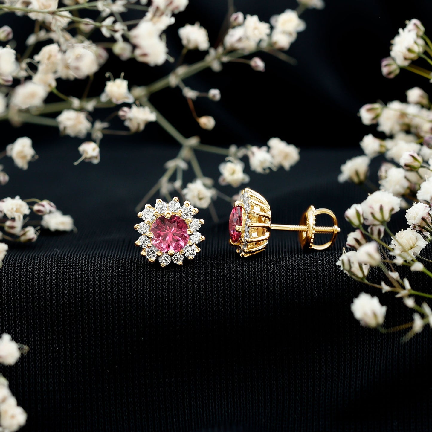 Genuine Pink Tourmaline and Diamond Halo Stud Earrings