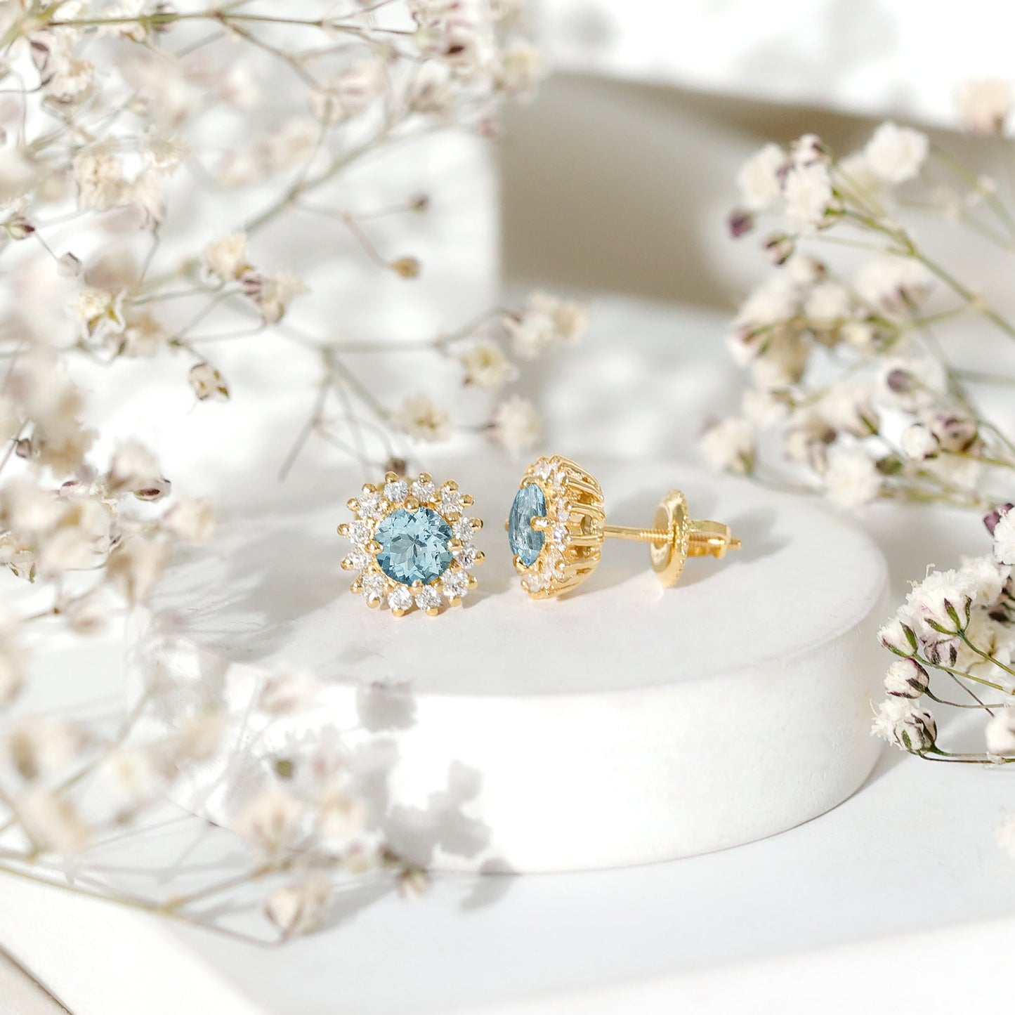 Certified Aquamarine and Diamond Halo Stud Earrings