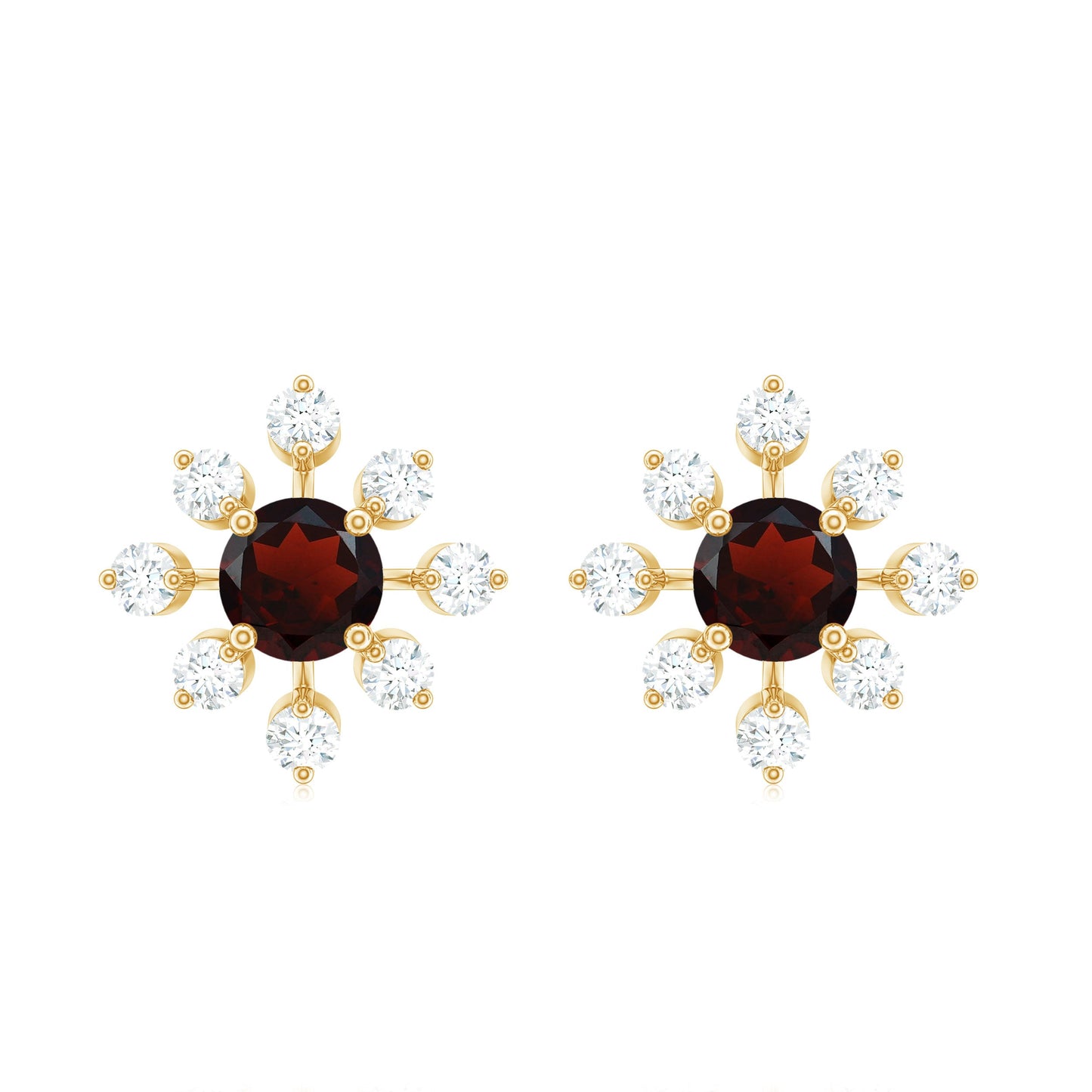 Natural Garnet and Diamond Flower Stud Earrings