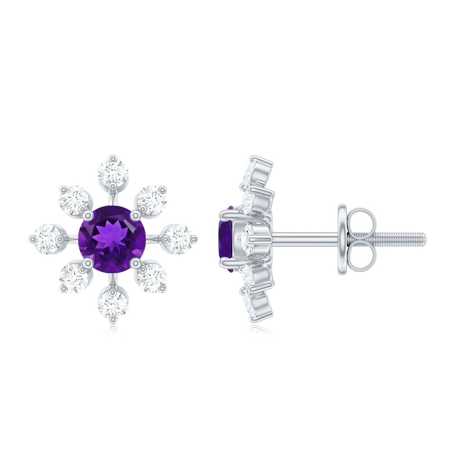 Natural Amethyst Diamond Snowflake Earrings with Screw Back