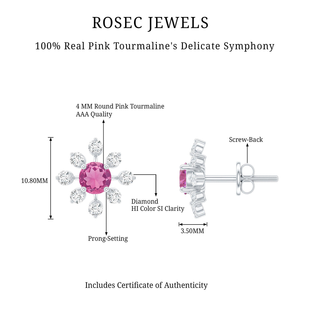 Natural Pink Tourmaline Flower Stud Earrings with Diamond