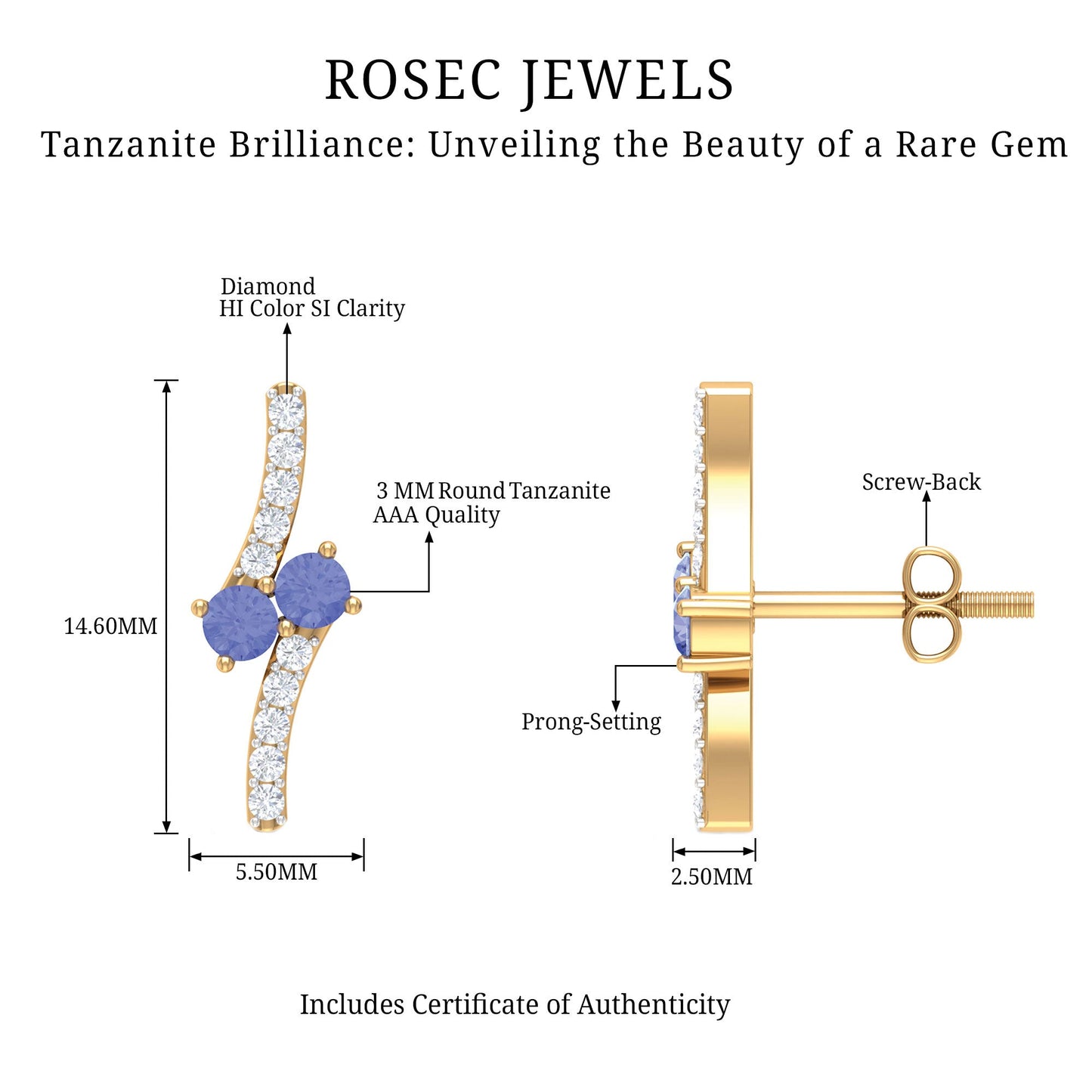 Real Tanzanite and Diamond Stud Earrings with Certificate