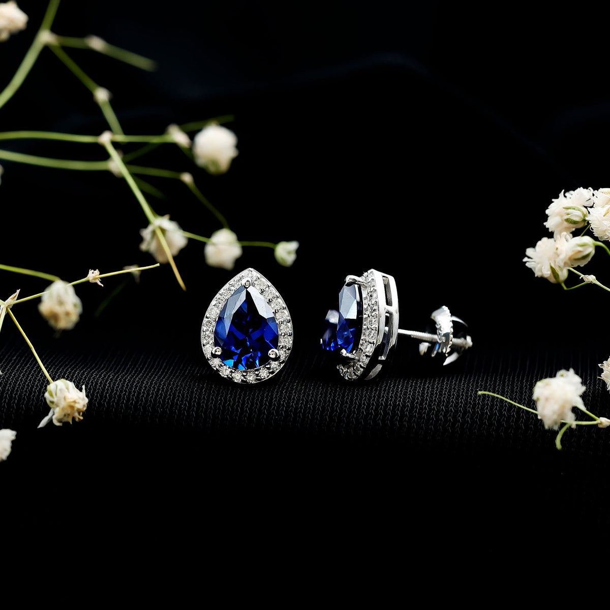 Lab Grown Blue Sapphire Teardrop Stud Earrings With Diamond Halo