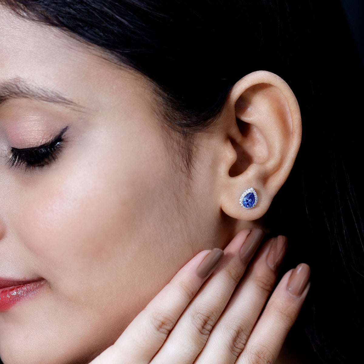 Lab Grown Blue Sapphire Teardrop Stud Earrings With Diamond Halo