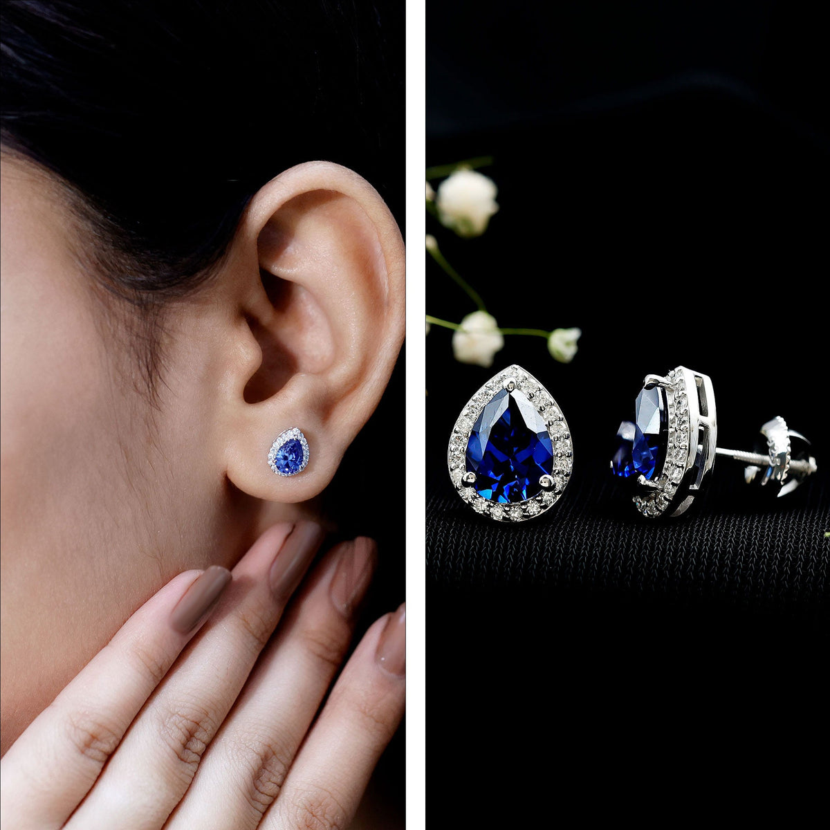 Lab Grown Blue Sapphire Teardrop Stud Earrings With Diamond Halo