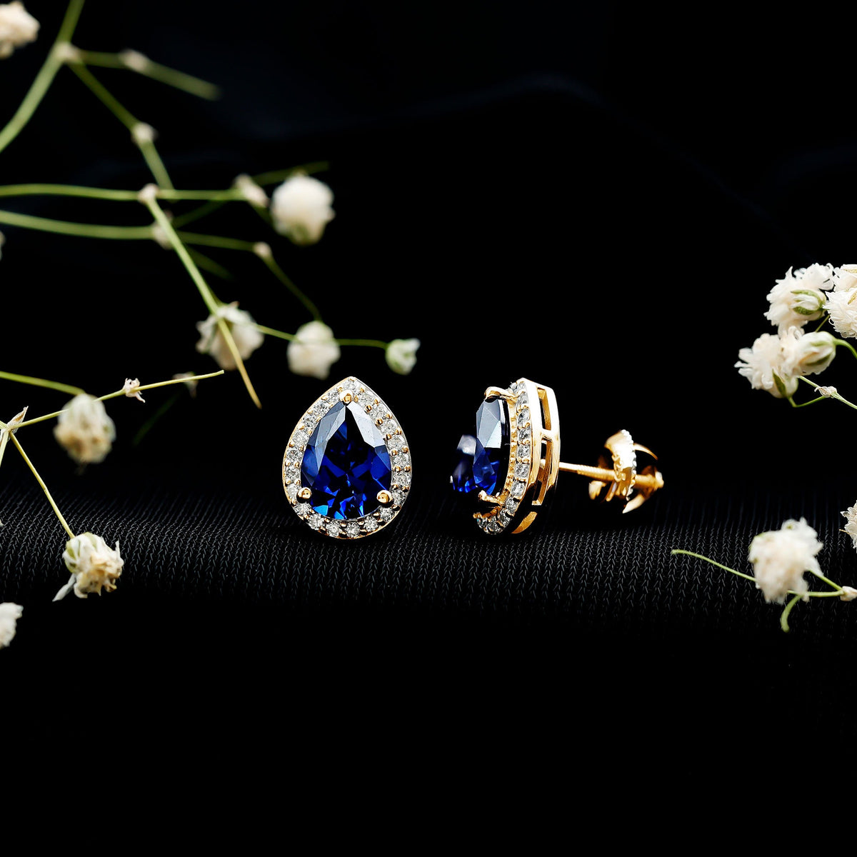 Lab Grown Blue Sapphire Teardrop Stud Earrings With Diamond Halo
